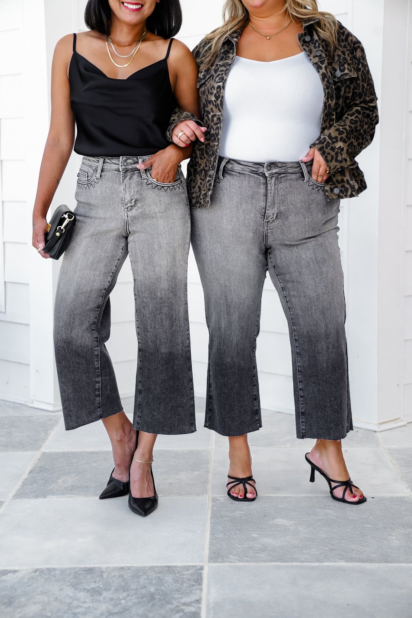 Judy Blue High Rise Vintage Grey Wash Cropped Wide Leg Jeans with Front Pocket Embroidery