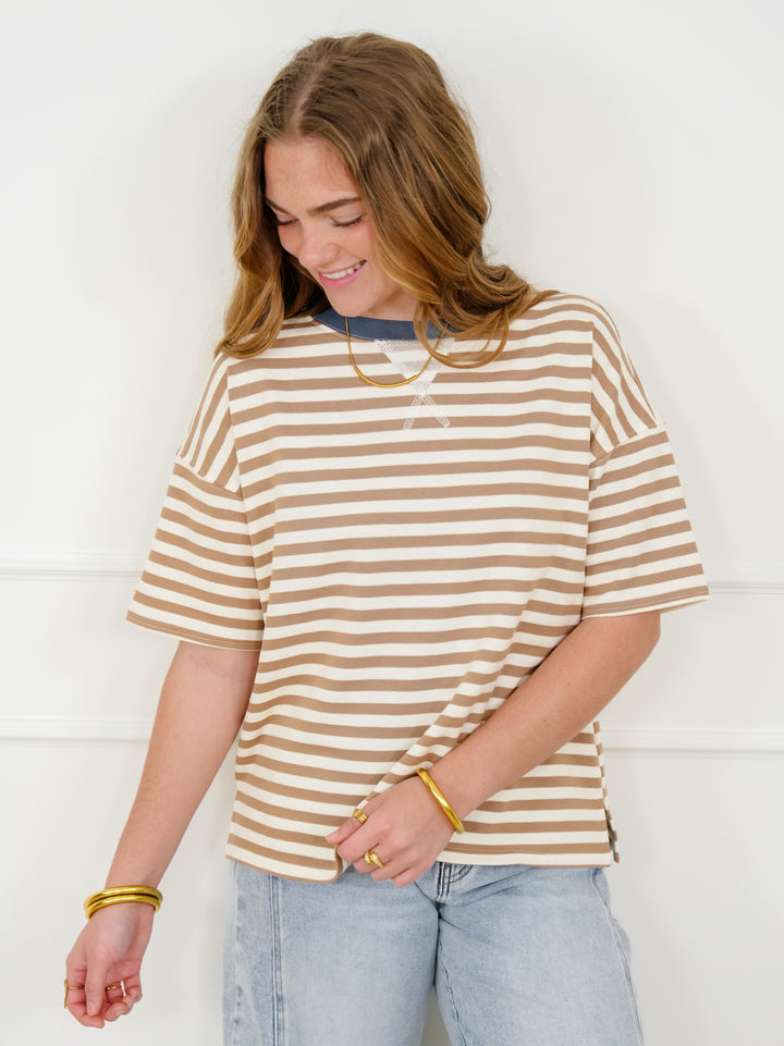 Tan Stripe Short Sleeve Knit Top