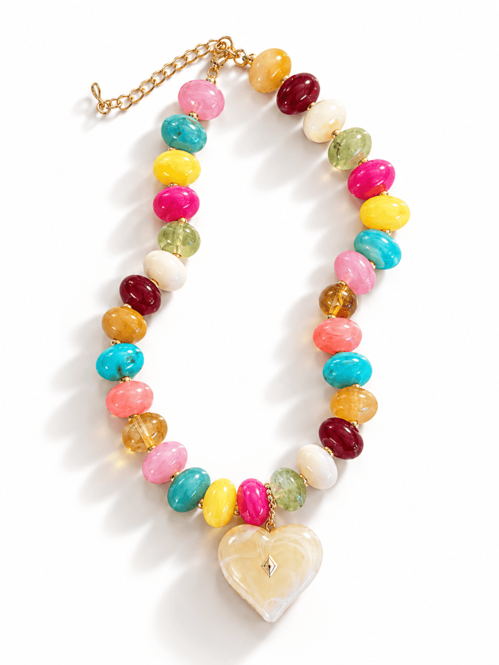 Chunky Beaded Heart Pendant Necklace - Freckled Poppy