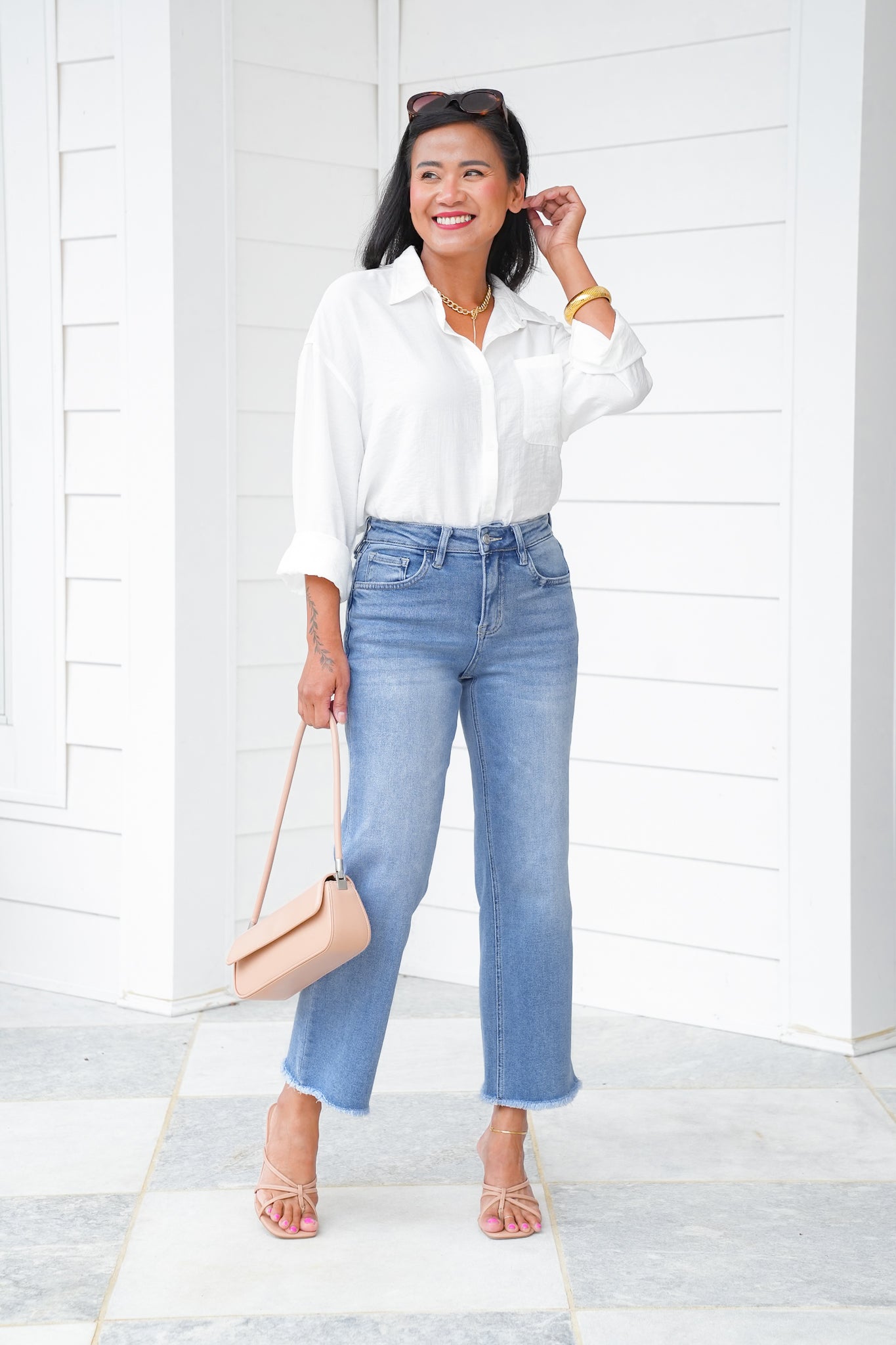 Lovervet High Rise Medium Wash Cropped Slim Wide Leg Jeans