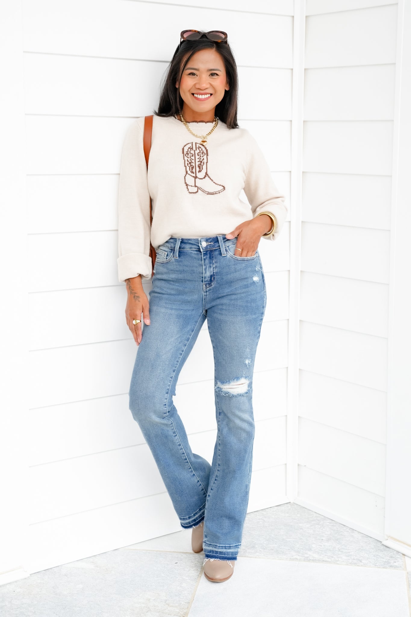 Restock Judy Blue Mid Rise Medium Wash Distressed Released Hem Bootcut Jeans