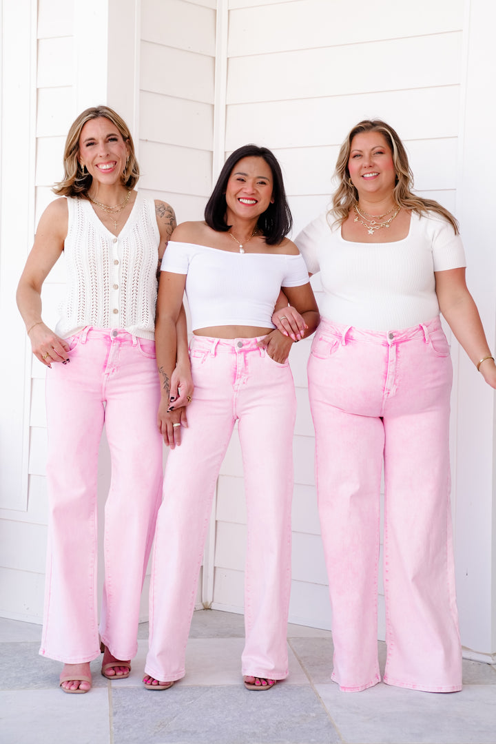 FP x Risen High Rise Acid Pink Tummy Control Wide Leg Jeans
