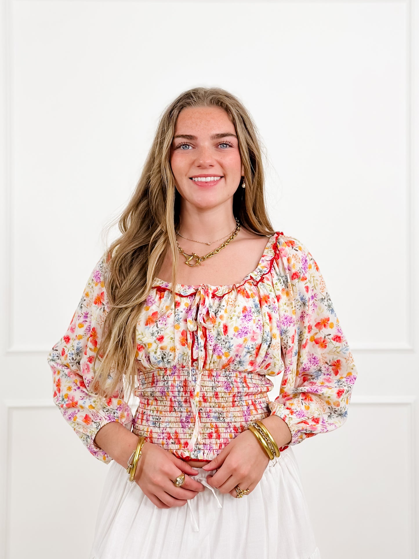 Plus/Reg Smocked Floral Print Square Neck Top