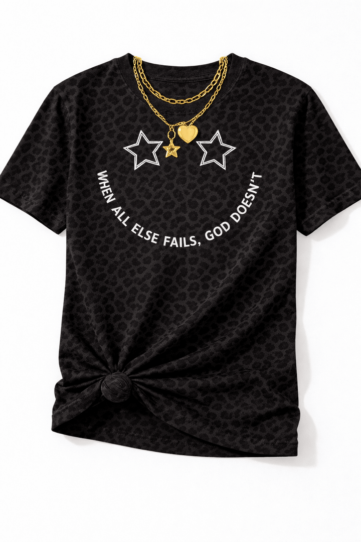 Plus/Reg Short Sleeve "When All Else Fails, God Doesn't" Leopard Print Graphic Tee - Freckled Poppy