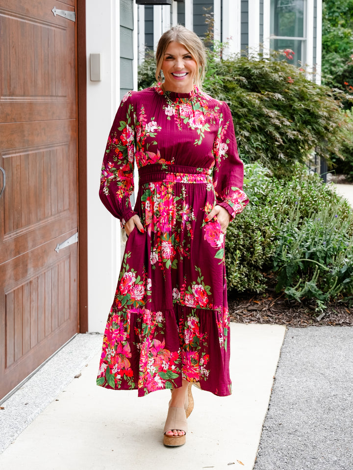 Plus/Reg Floral Print Long Sleeve Elastic Waist Midi Dress - Freckled Poppy