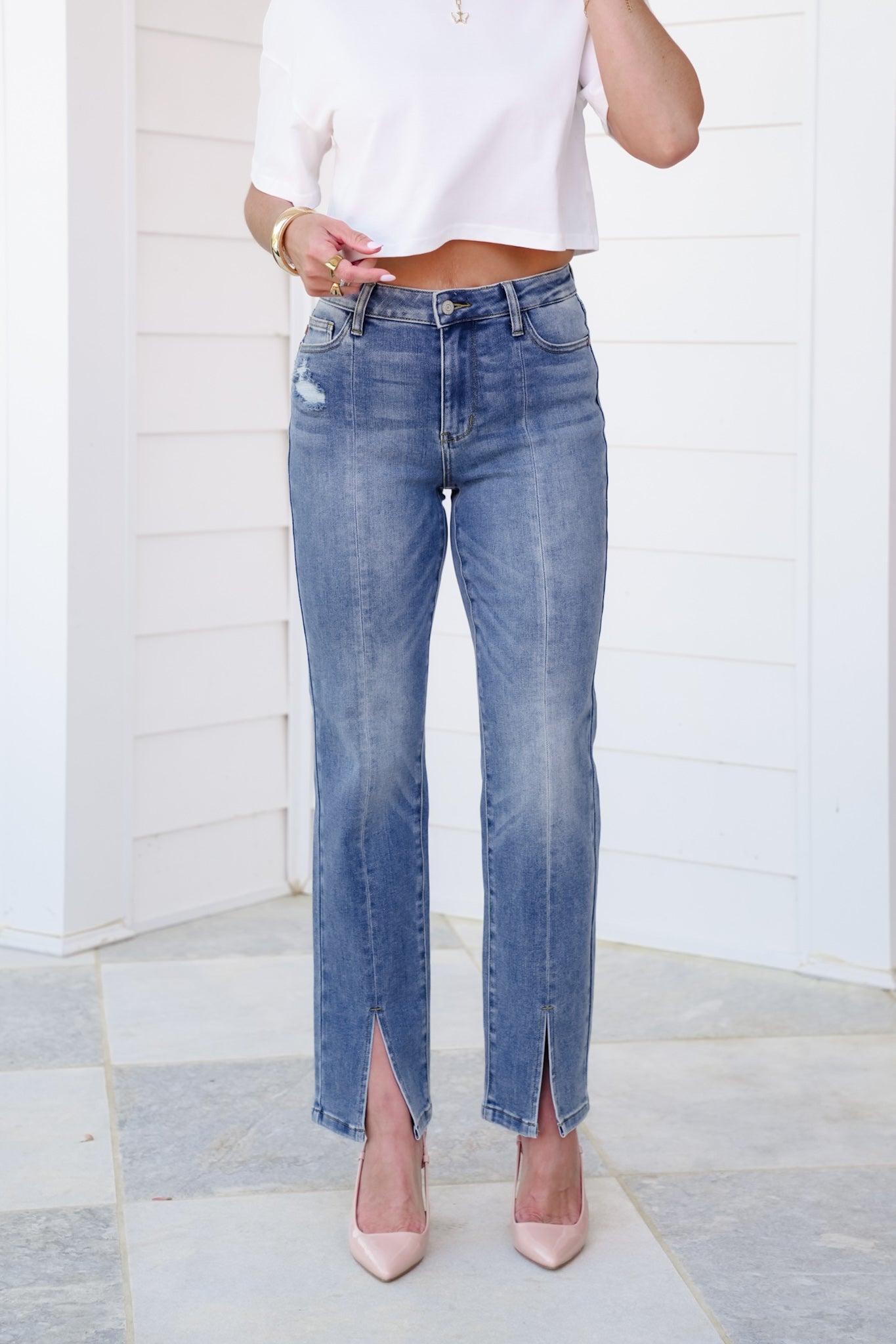 Judy Blue High Rise Medium Vintage Wash Straight Leg Jeans with Front Seam and Slit