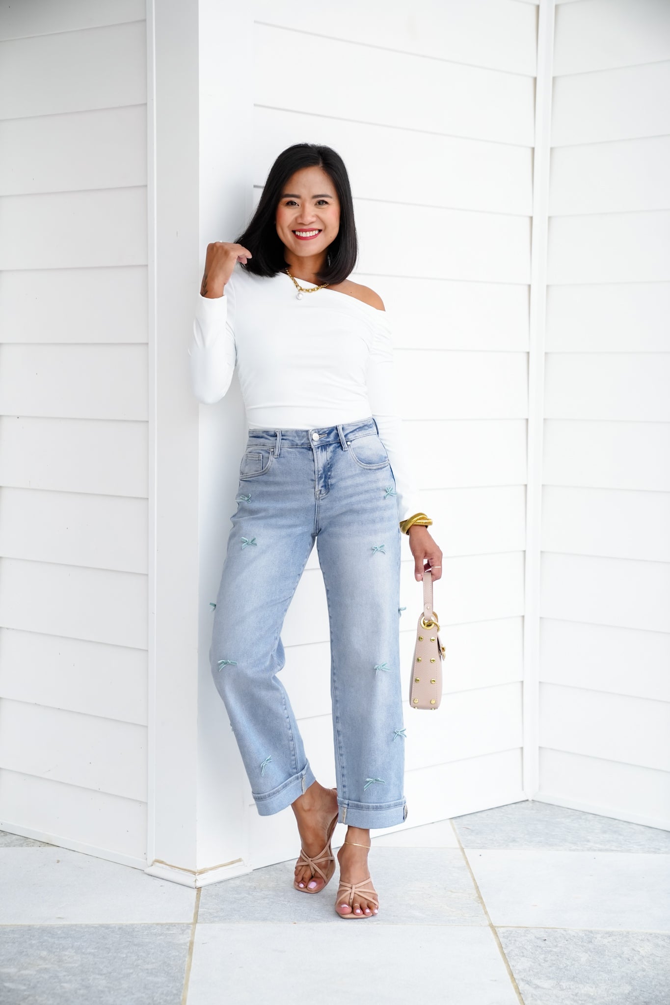 Risen High Rise Light Wash Crop Barrel Jeans with Bow Detail