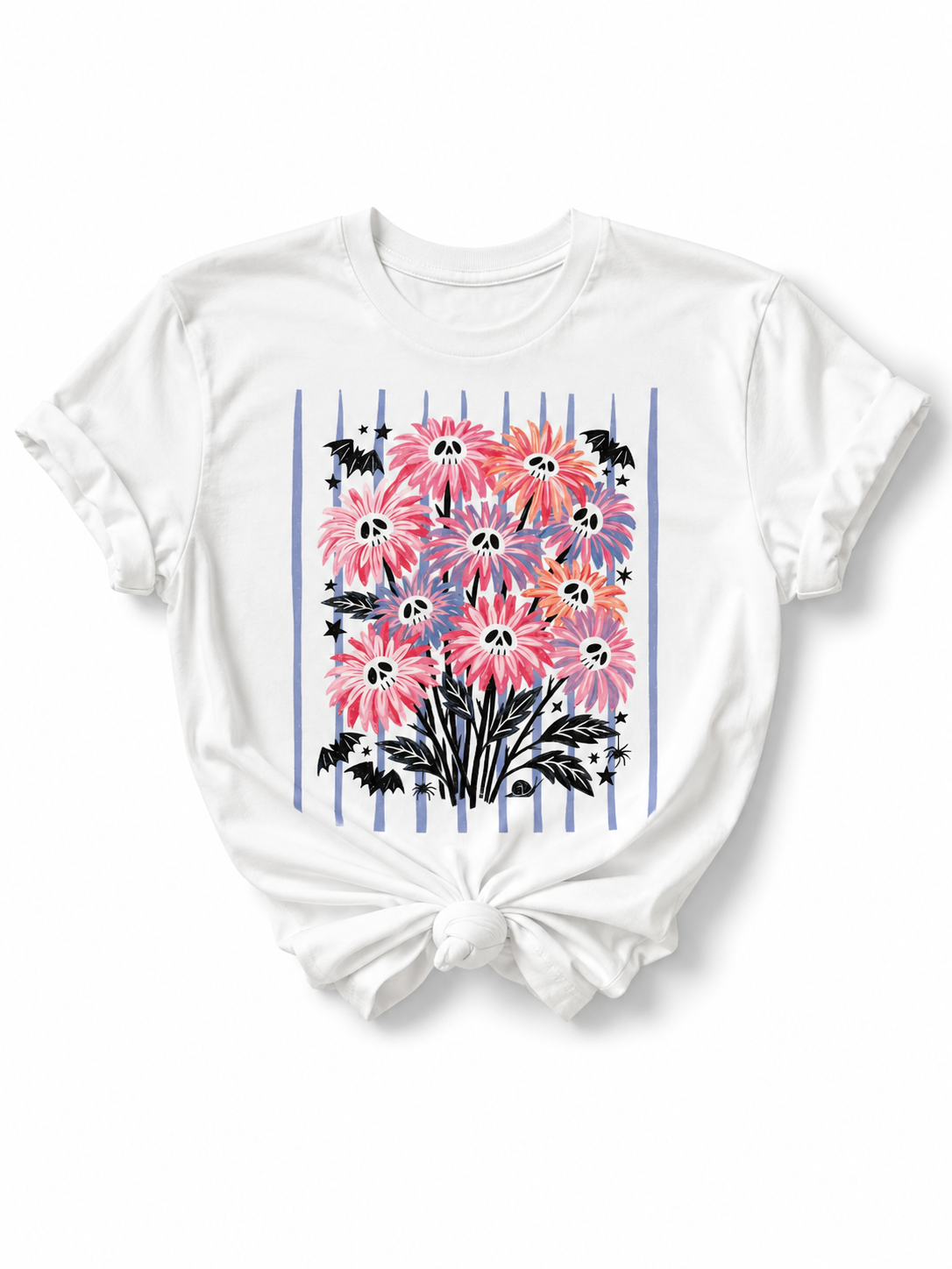 Plus/Reg Short Sleeve Skull Daisies Spooky Graphic Tee