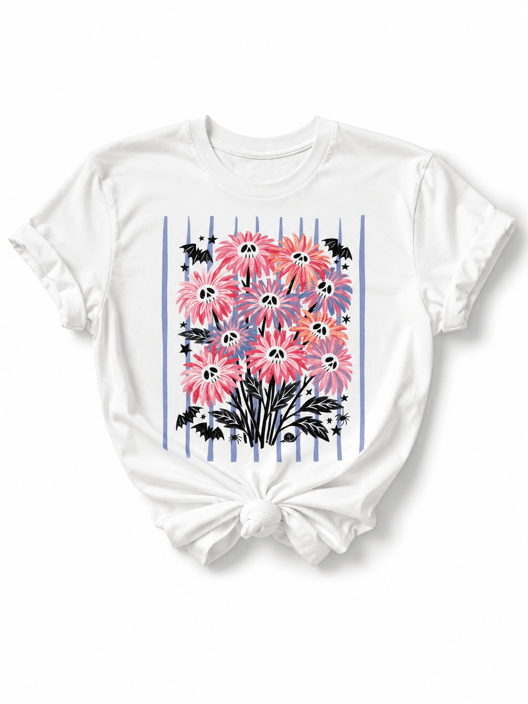 Plus/Reg Short Sleeve Skull Daisies Spooky Graphic Tee - Freckled Poppy