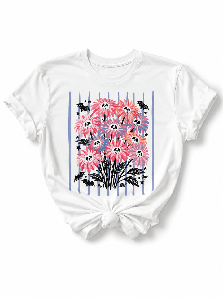 Plus/Reg Short Sleeve Skull Daisies Spooky Graphic Tee - Freckled Poppy