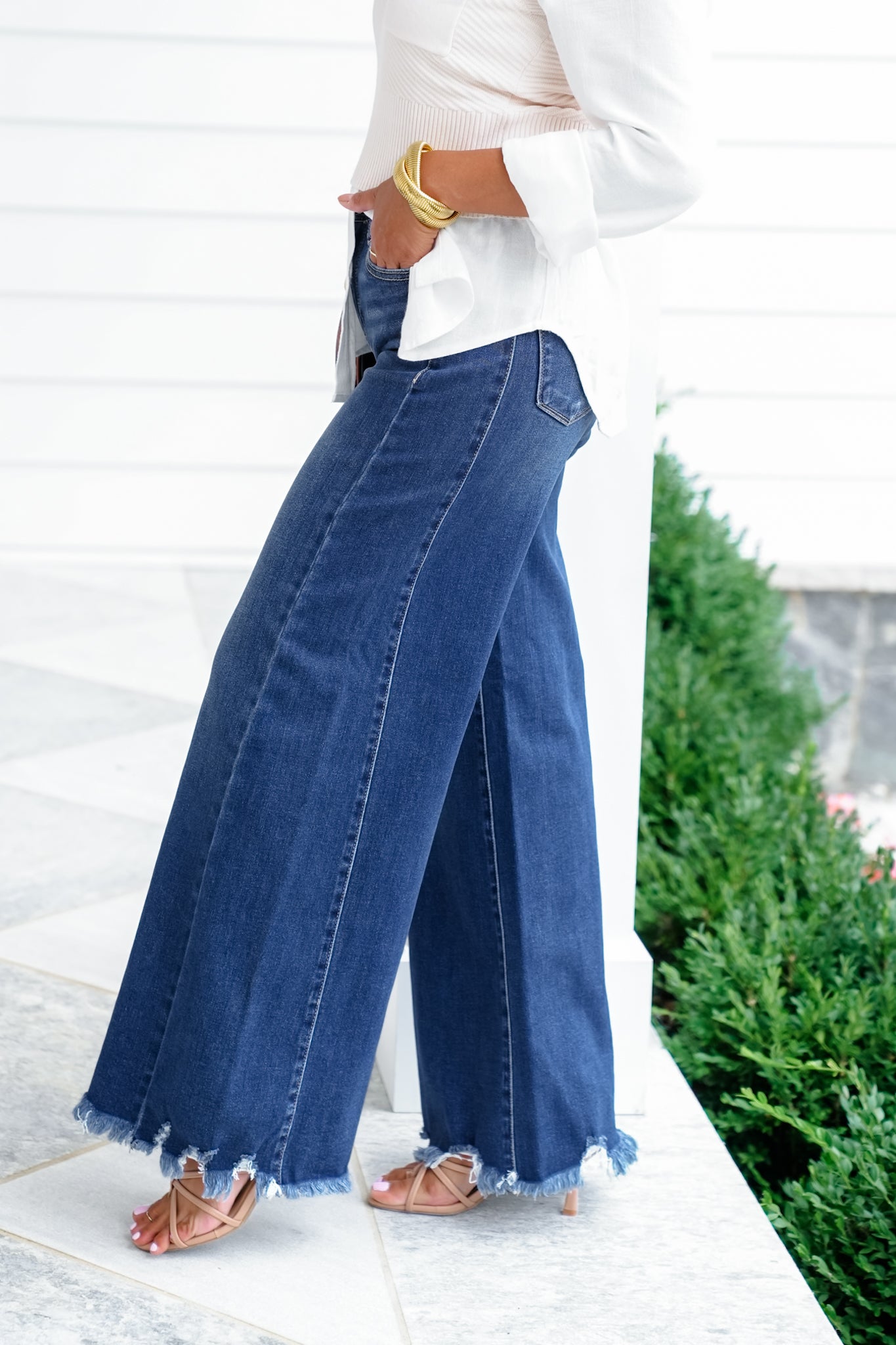 Risen High Rise Dark Wash Wide Leg Jeans