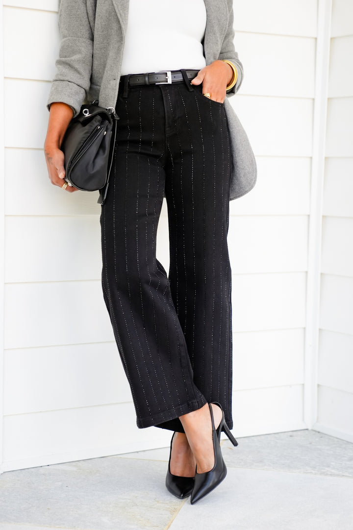Risen High Rise Black Crop Wide Leg Jeans with Rhinestones