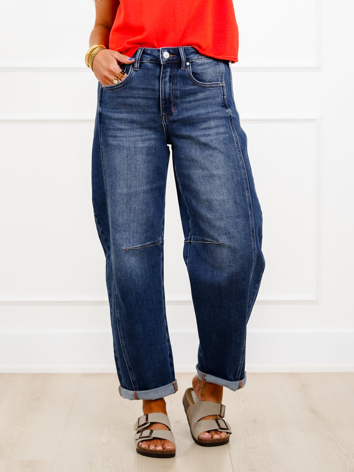 Restock! Risen High Rise Dark Wash Boyfriend Cuffed Barrel Jeans