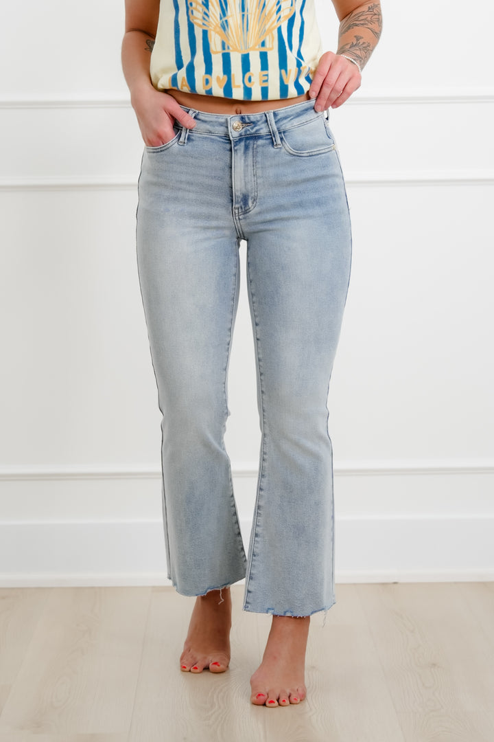 Judy Blue Mid Rise Light Wash Kick flare with Raw Hem
