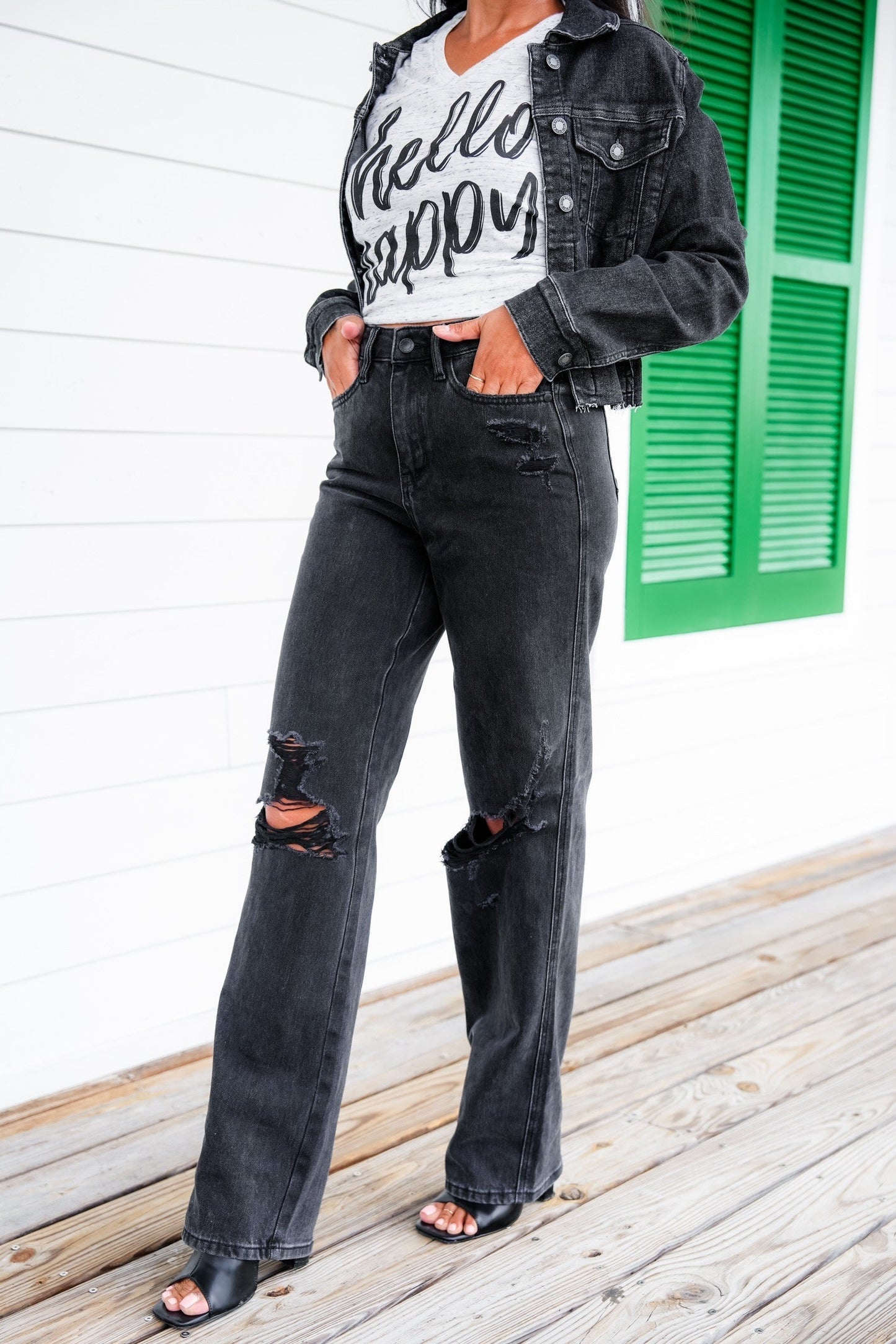 Judy Blue Straight Obsessed High Rise Black Rigid Magic 90's Distressed Straight Leg Jeans