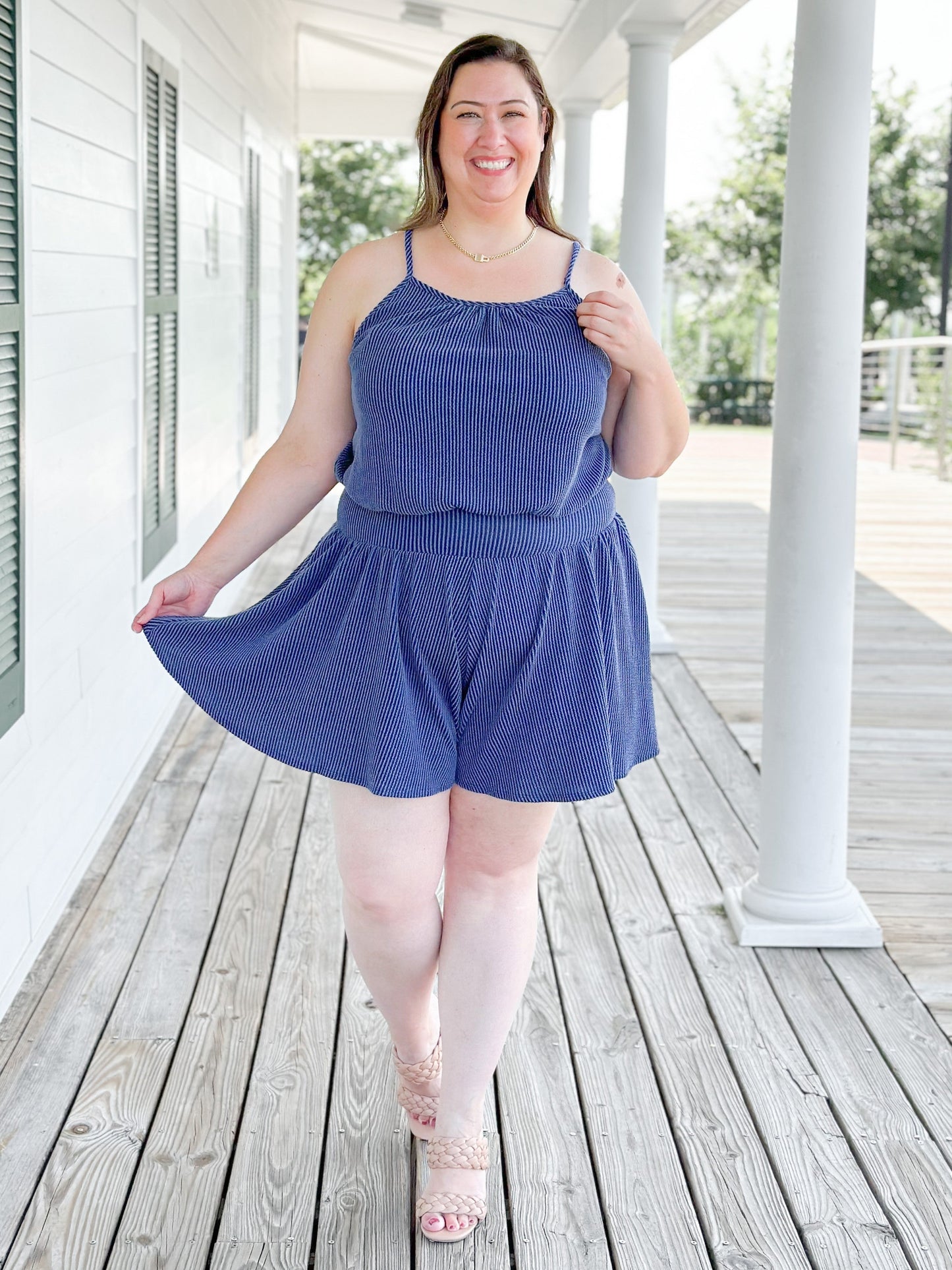 Plus/Reg Sleeveless Rib Knit Romper With Elastic Waist