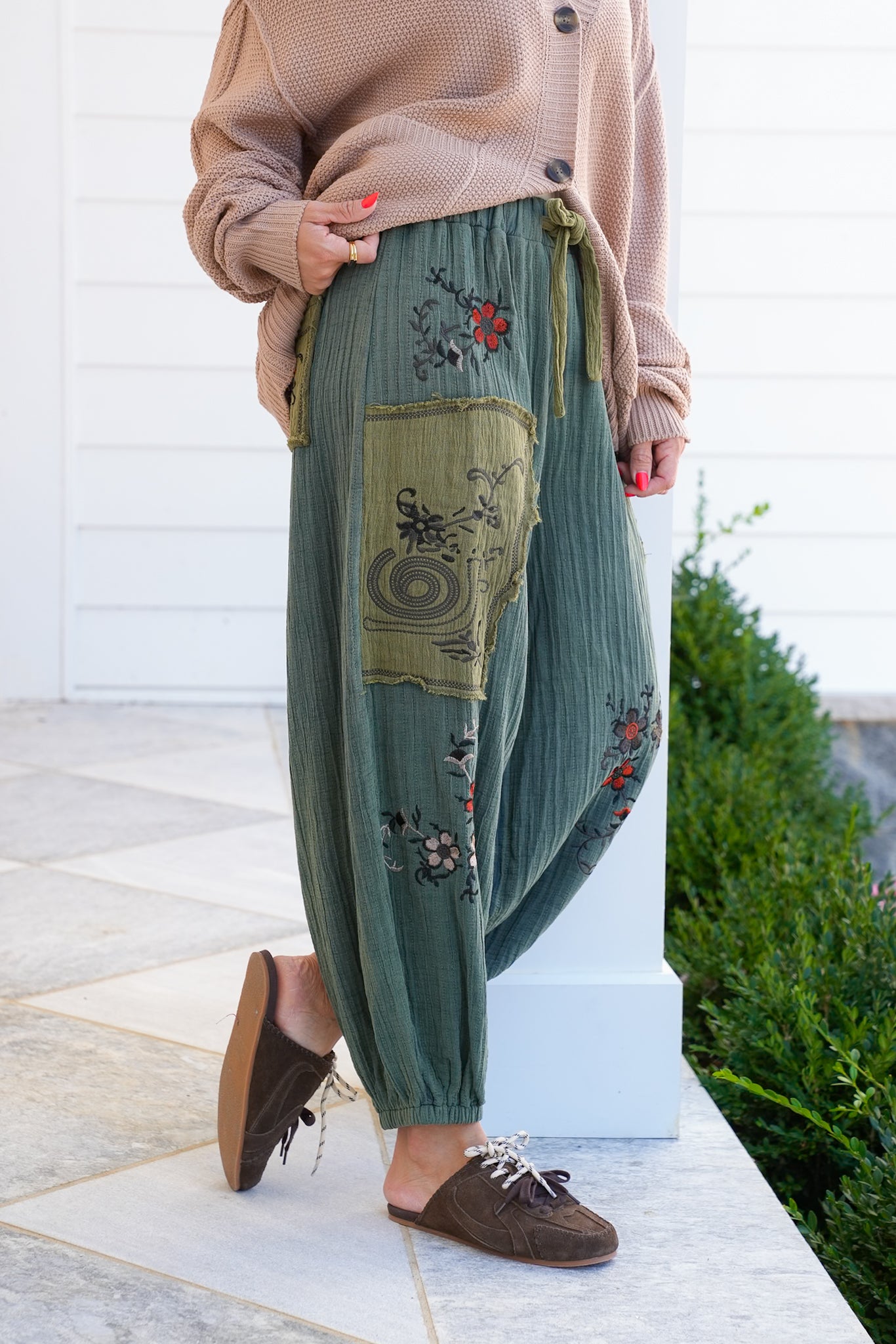 POL Floral Embroidered Elastic Waist Joggers with Patch Detail