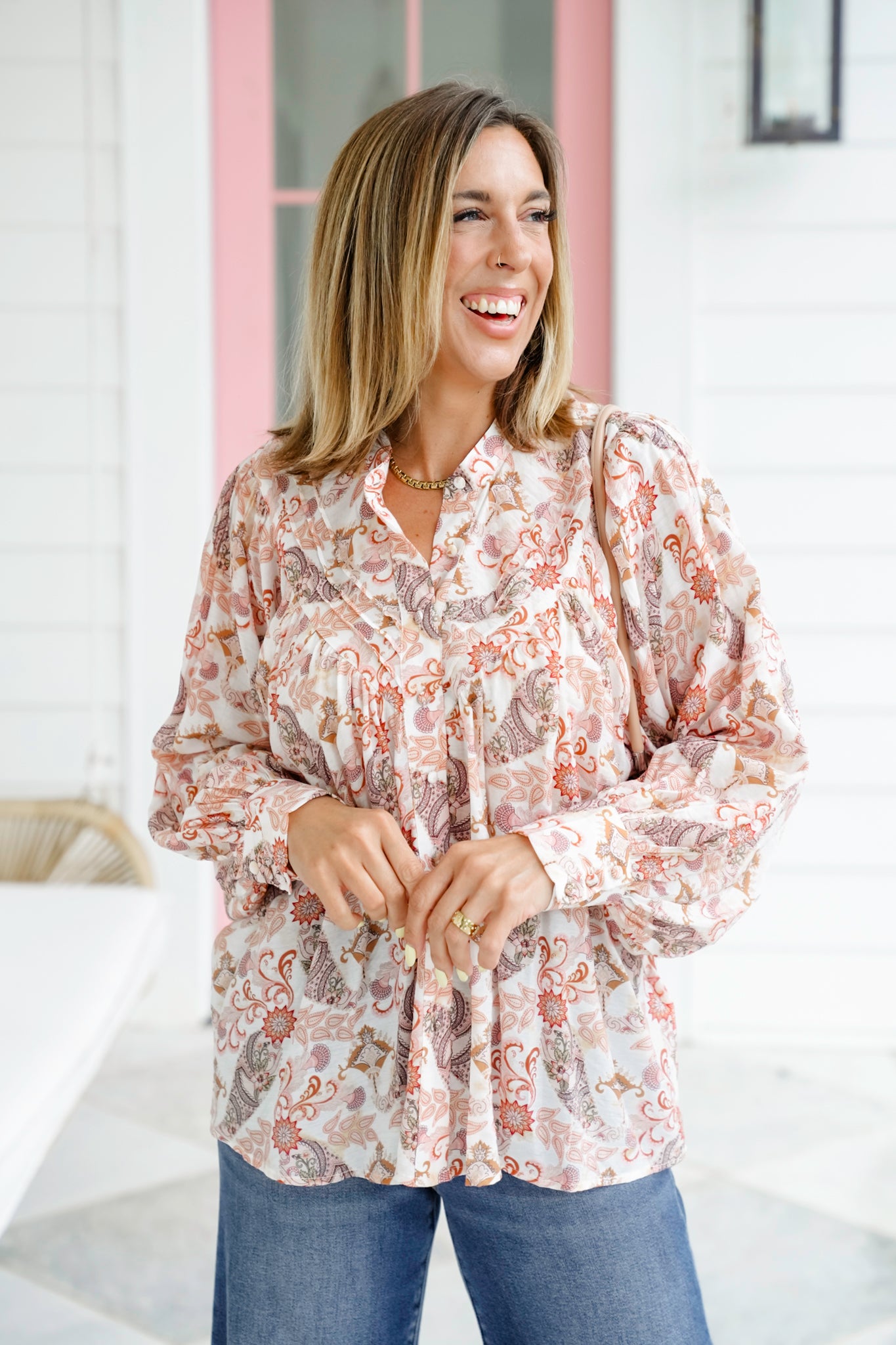 Print Long Balloon Sleeve Button Down Blouse