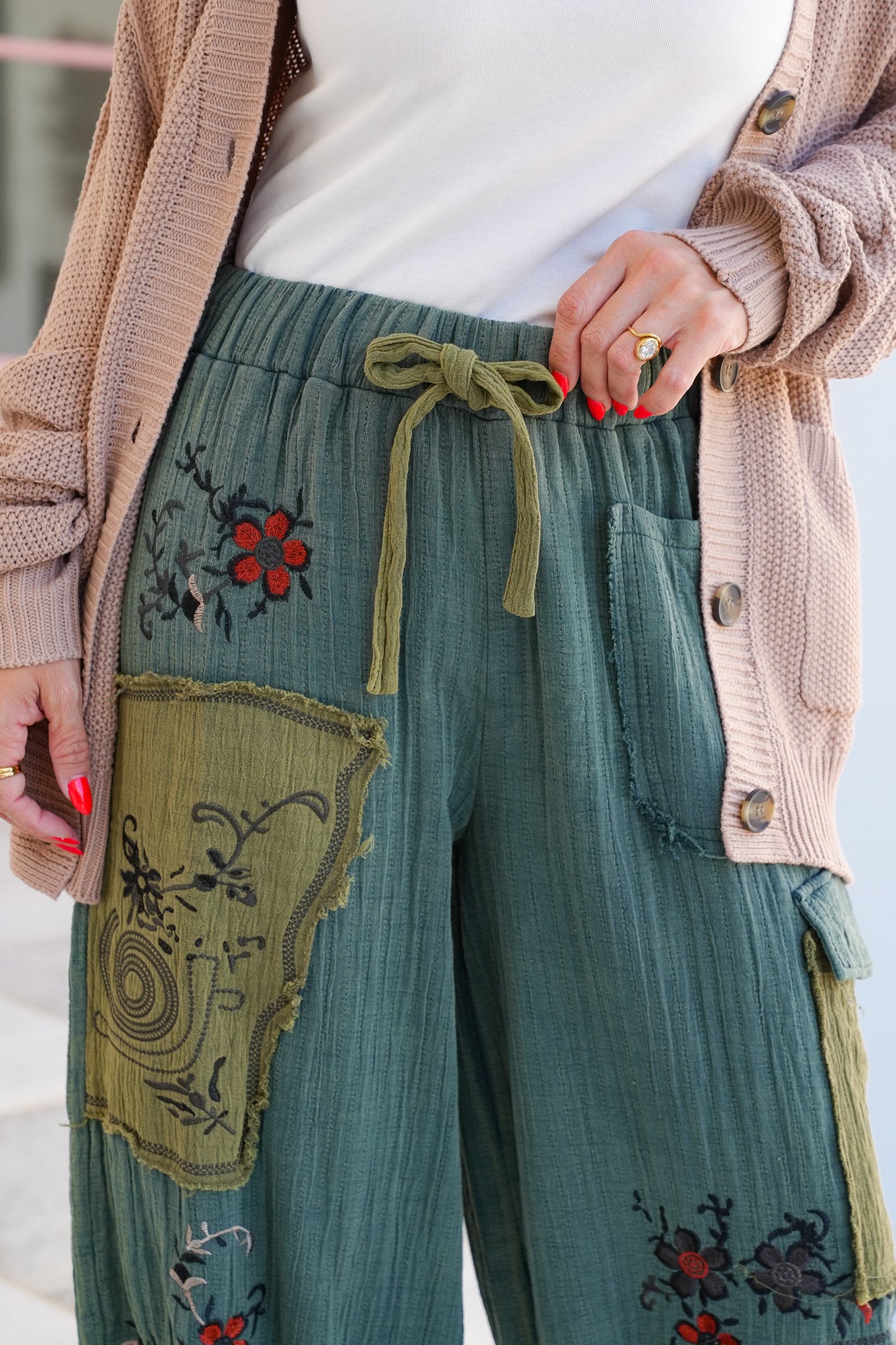 POL Floral Embroidered Elastic Waist Joggers with Patch Detail