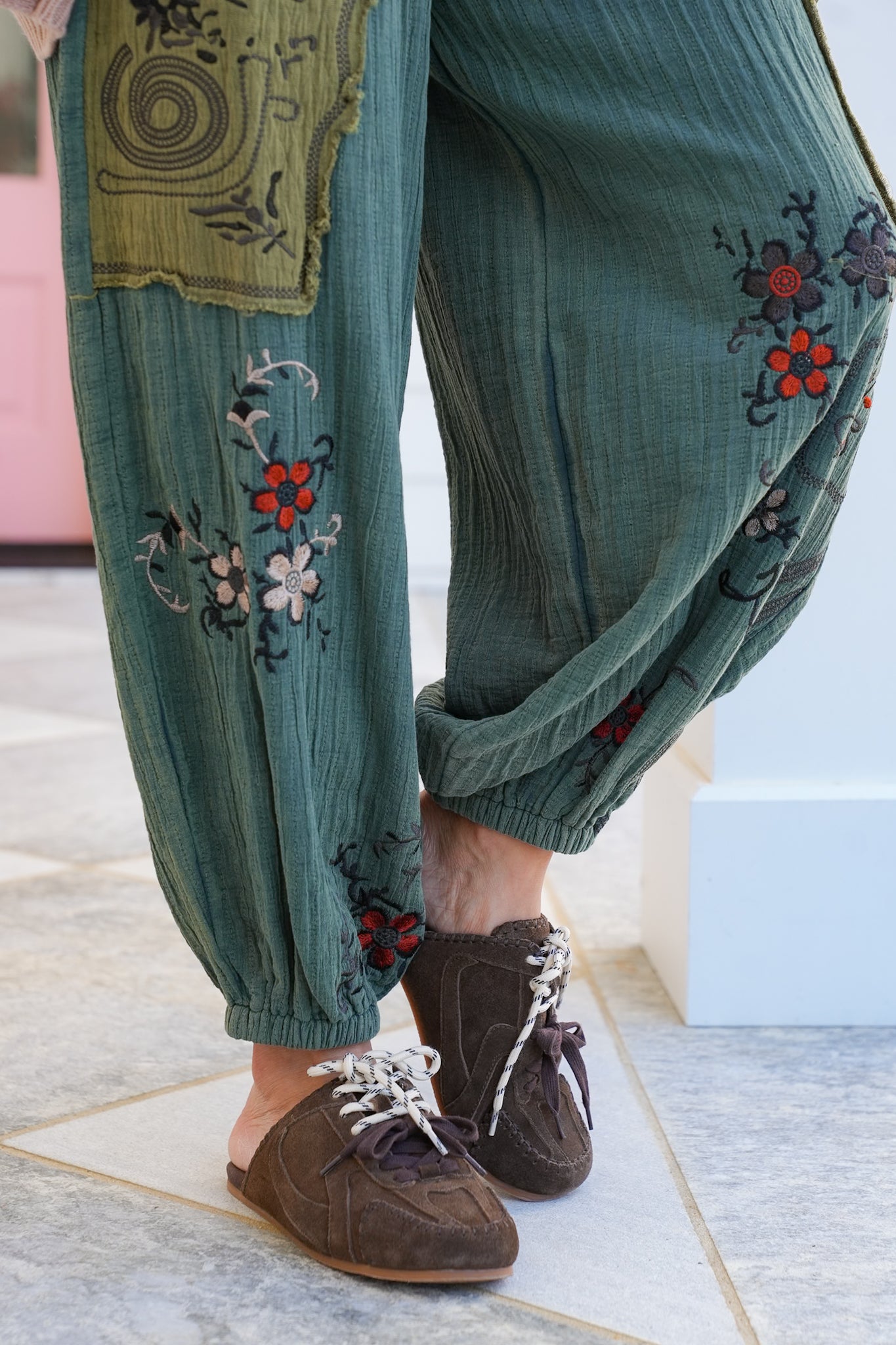 POL Floral Embroidered Elastic Waist Joggers with Patch Detail