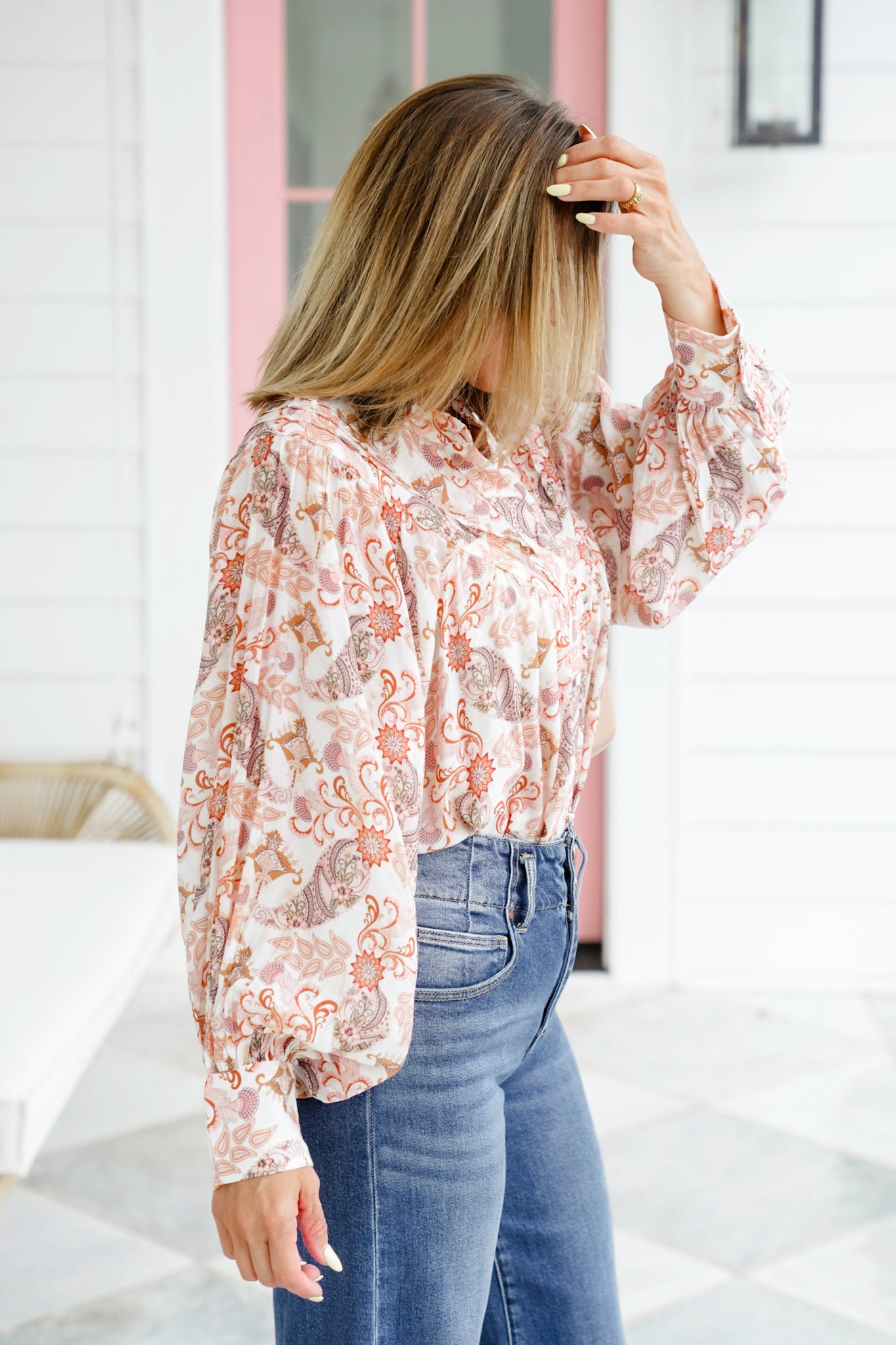 Print Long Balloon Sleeve Button Down Blouse