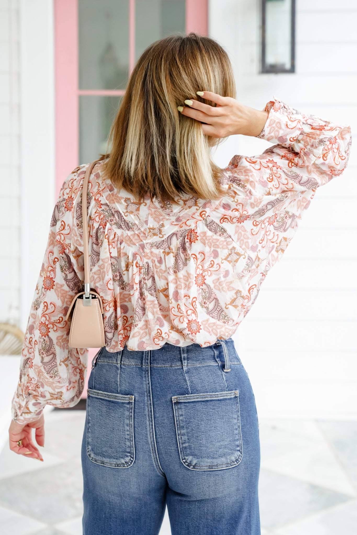 Print Long Balloon Sleeve Button Down Blouse