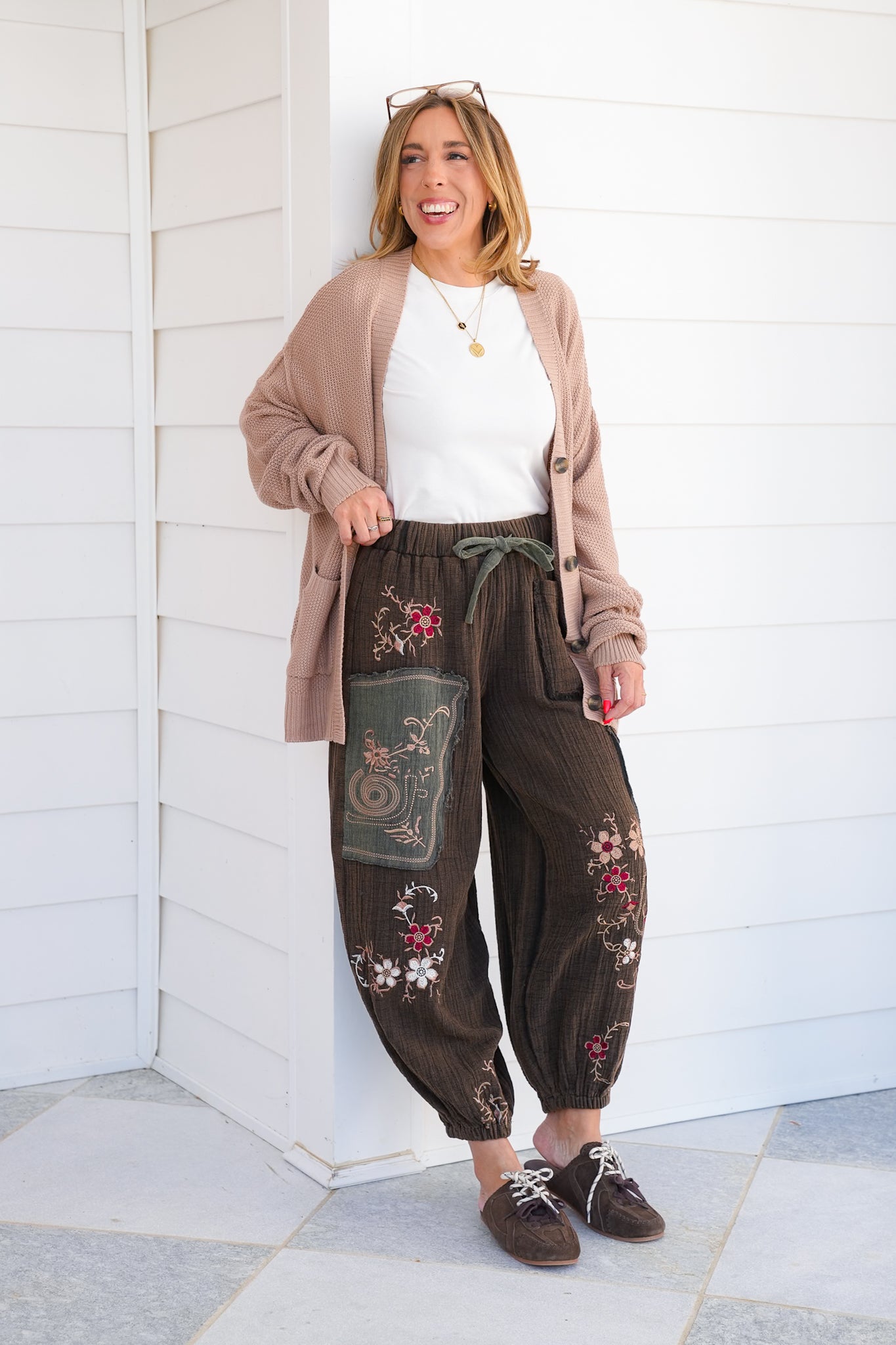POL Floral Embroidered Elastic Waist Joggers with Patch Detail