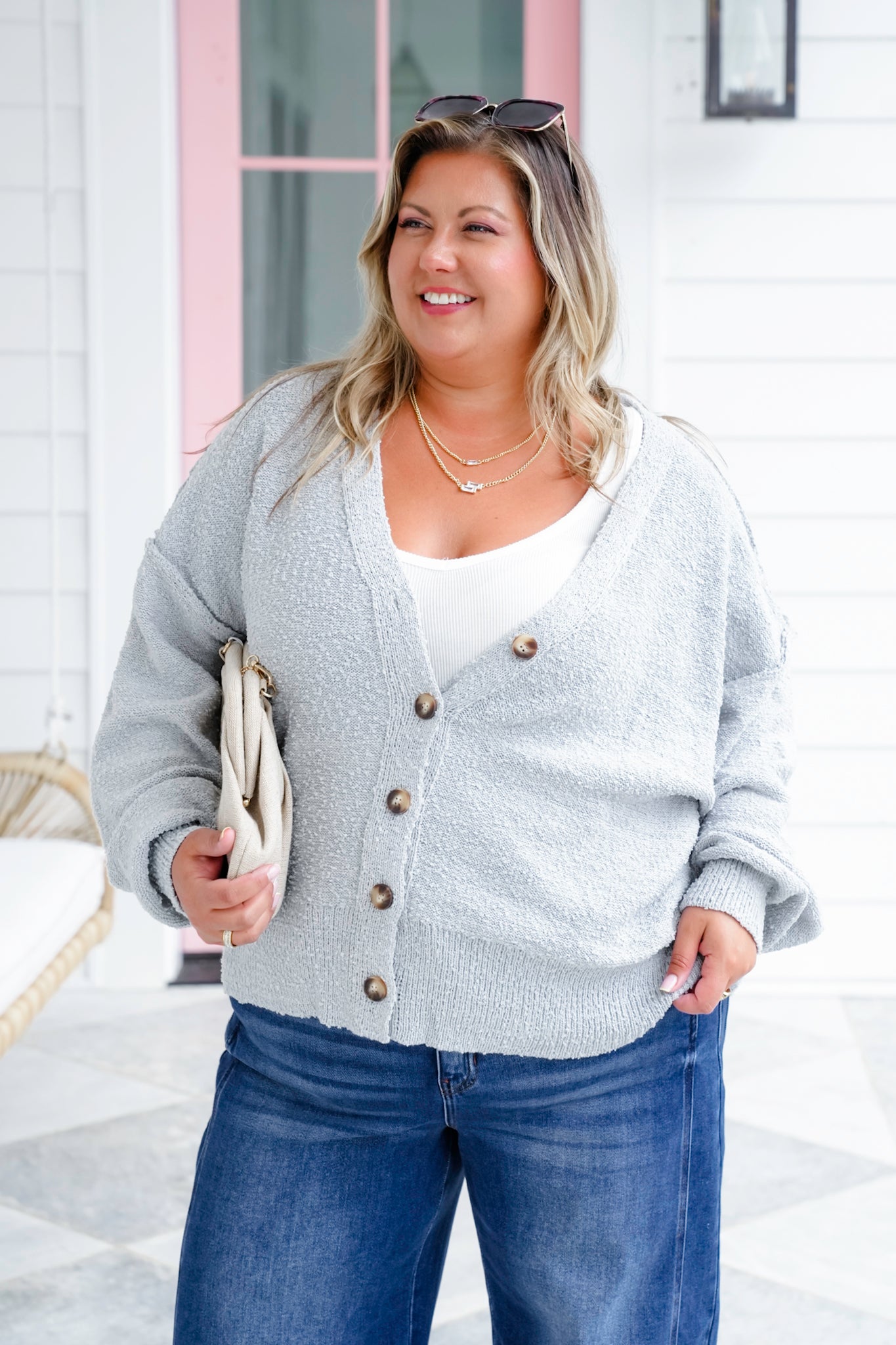 Plus/Reg Popcorn Long Sleeve Button Down Cardigan