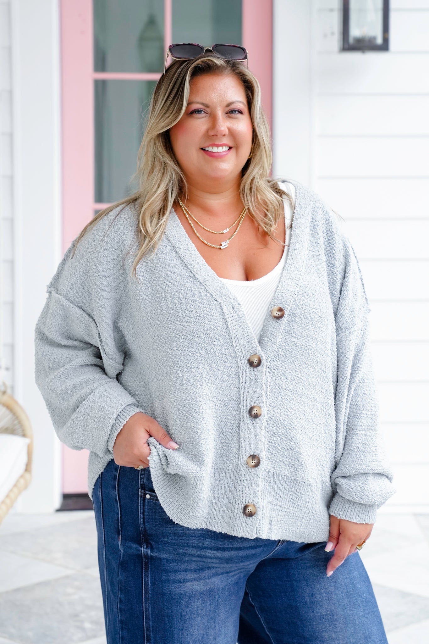Plus/Reg Popcorn Long Sleeve Button Down Cardigan