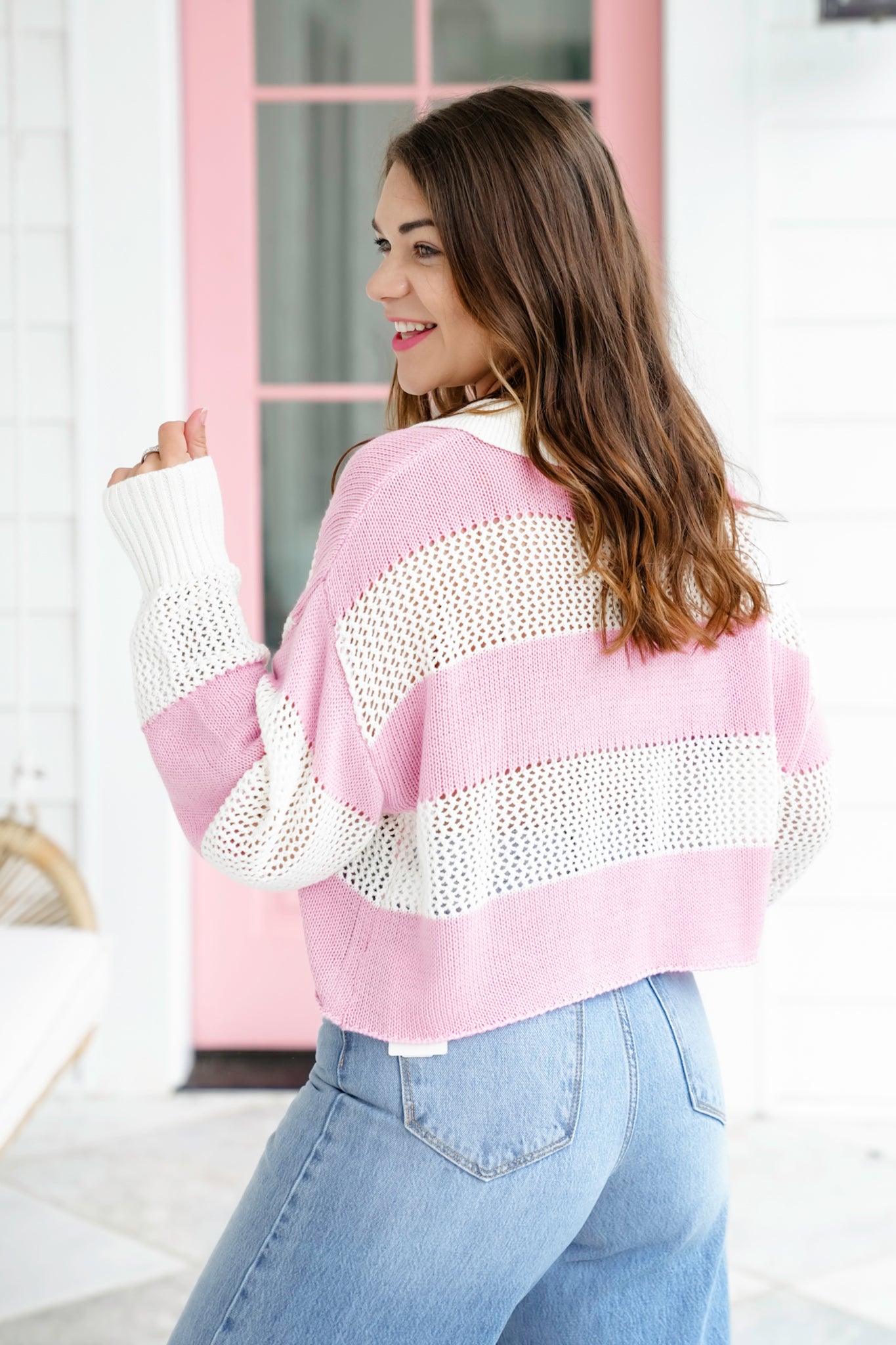 Stripe Long Sleeve Button Up Cropped Sweater