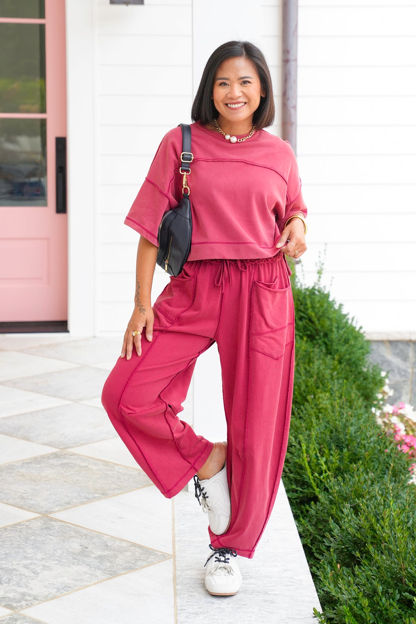 Plus/Reg Mineral Wash Short Sleeve Top with Barrel Pants Set