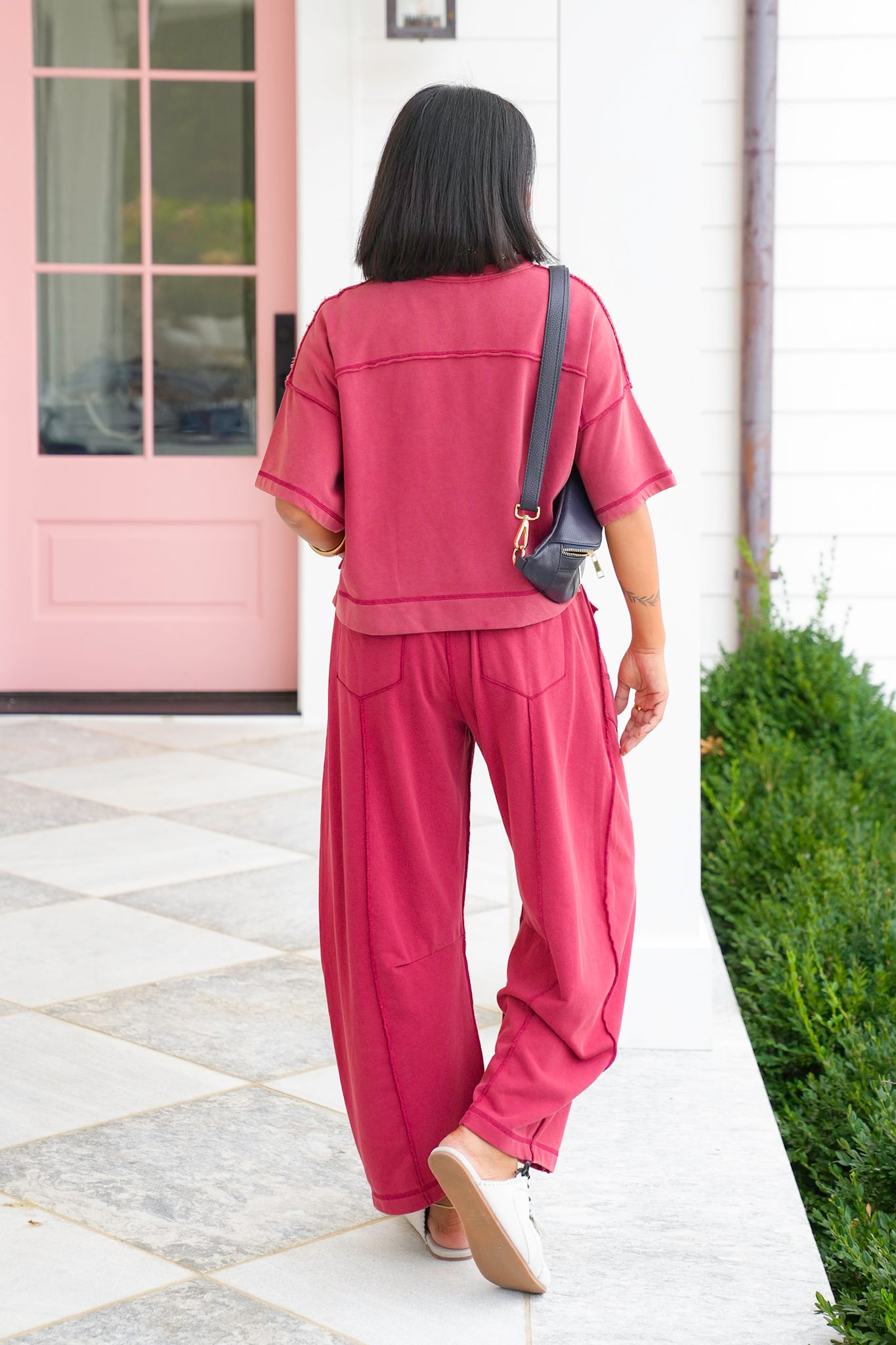 Plus/Reg Mineral Wash Short Sleeve Top with Barrel Pants Set
