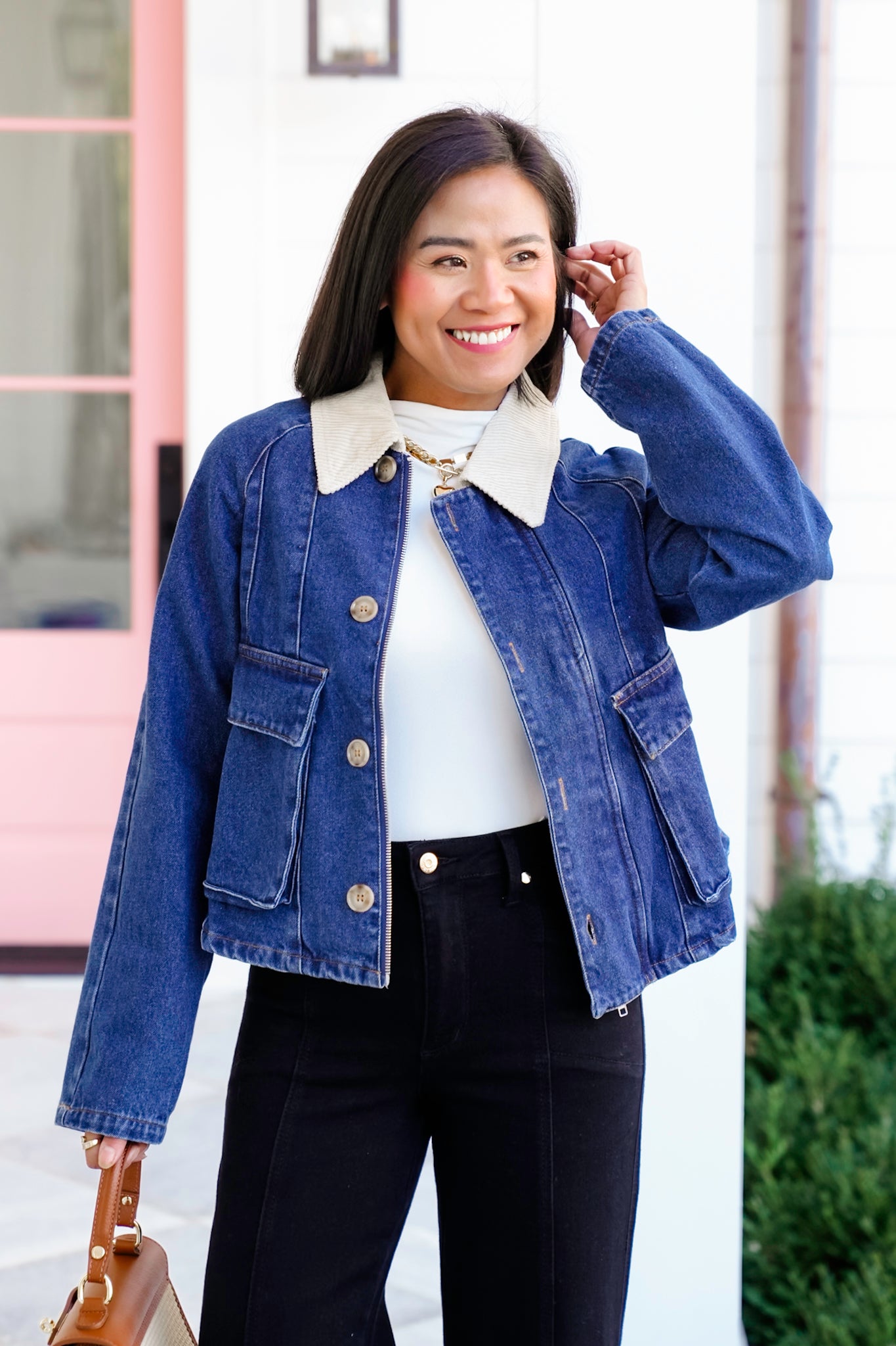 Long Sleeve Zip Up and Buttoned Jacket with Corduroy Collar