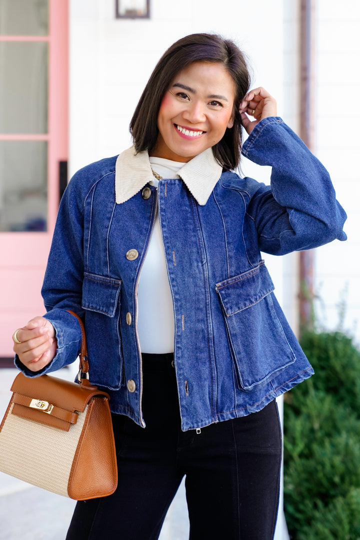 Long Sleeve Zip Up and Buttoned Jacket with Corduroy Collar