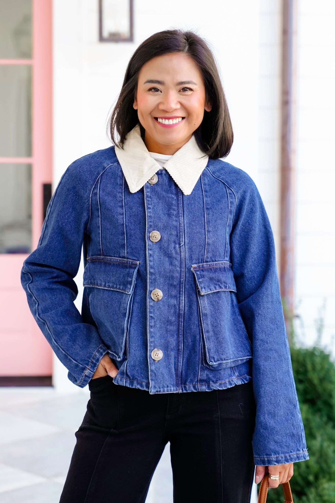 Long Sleeve Zip Up and Buttoned Jacket with Corduroy Collar