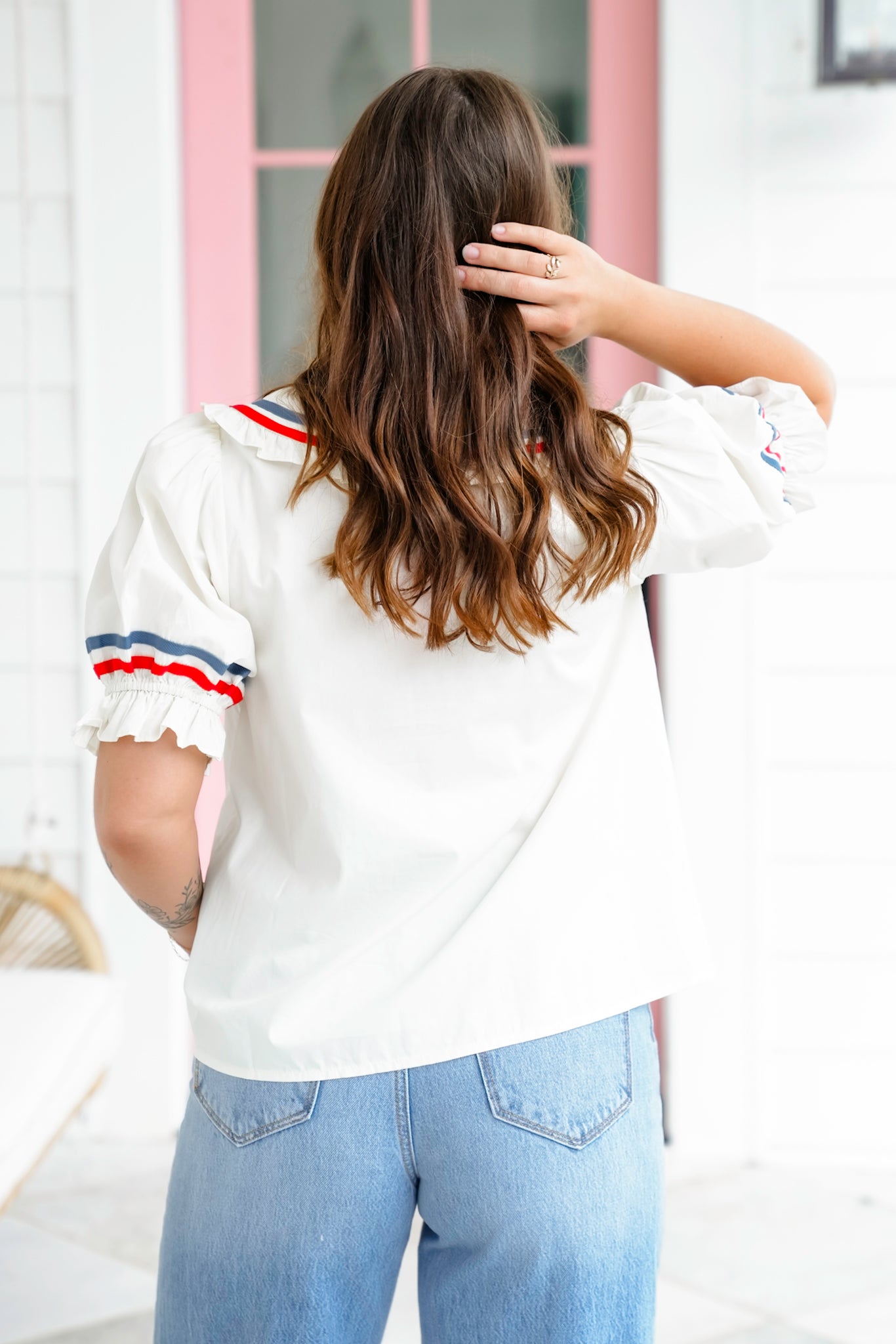 Short Puff Sleeve Button Down Top with Stripe Trim Detail