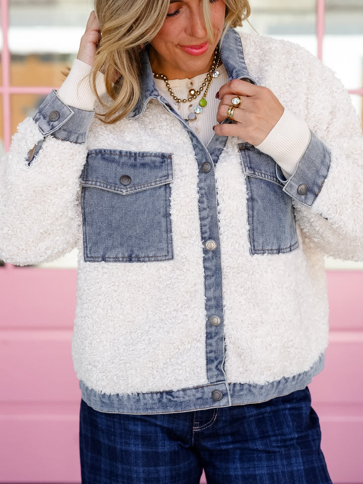 Plus/Reg Sherpa Long Sleeve Jacket with Contrast Trim - Freckled Poppy