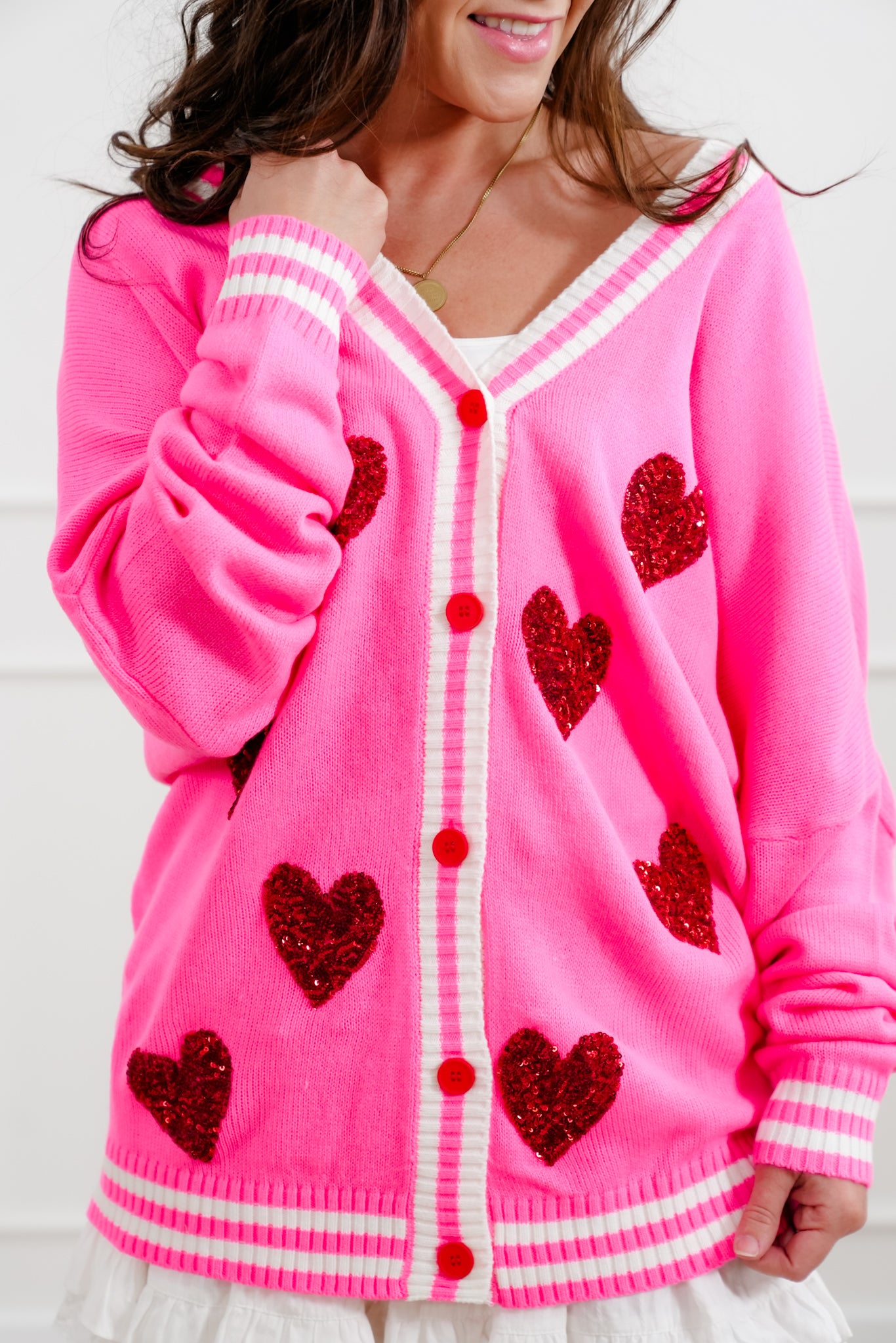 Plus/Reg Sequin Heart Patch Long Sleeve Button Down Cardigan