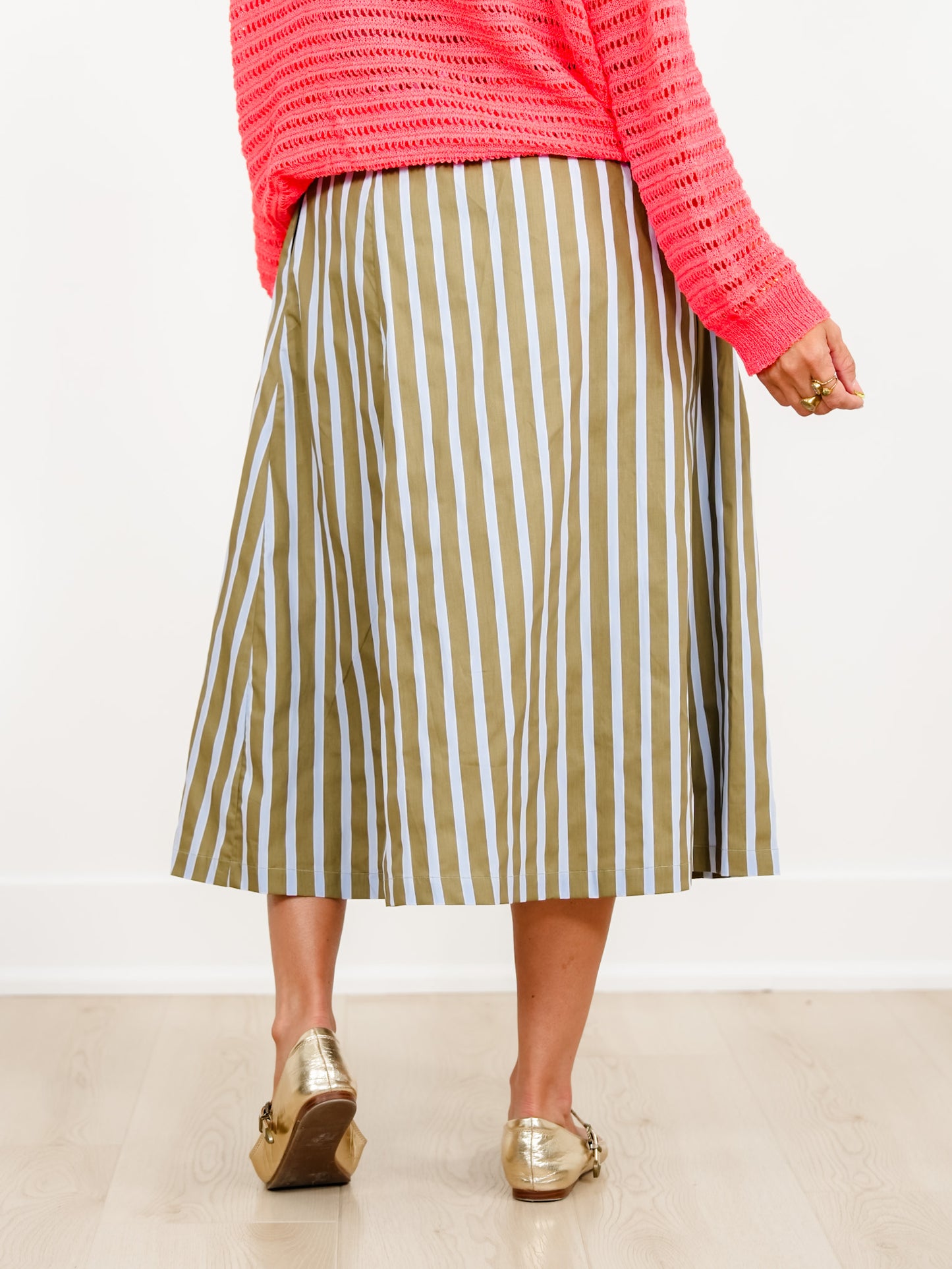 Elastic Waist Wide Stripe Midi Skirt