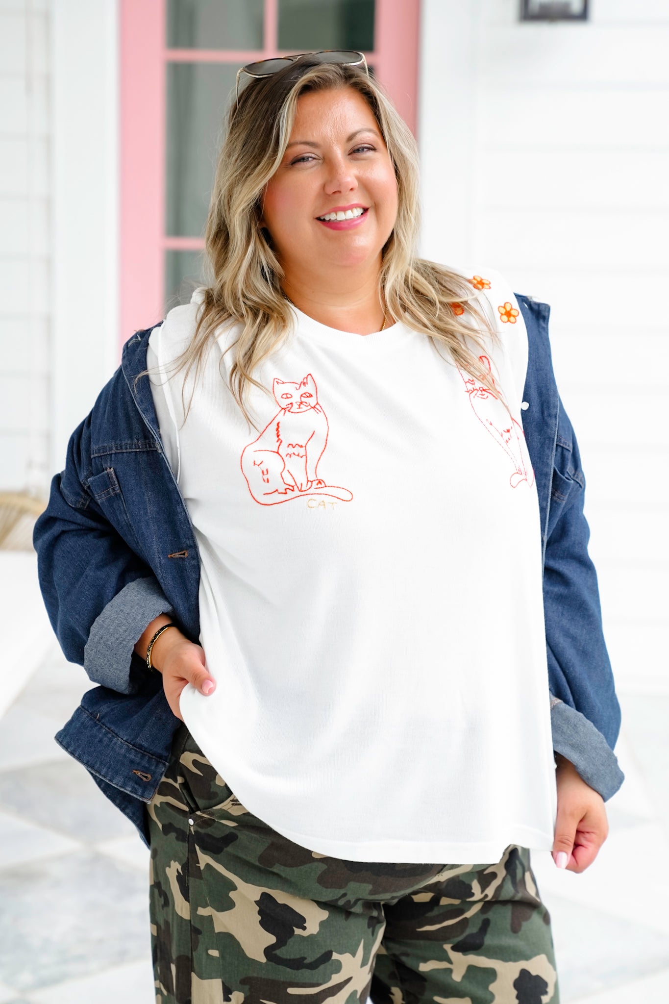 White Short Sleeve Cat Embroidered Top
