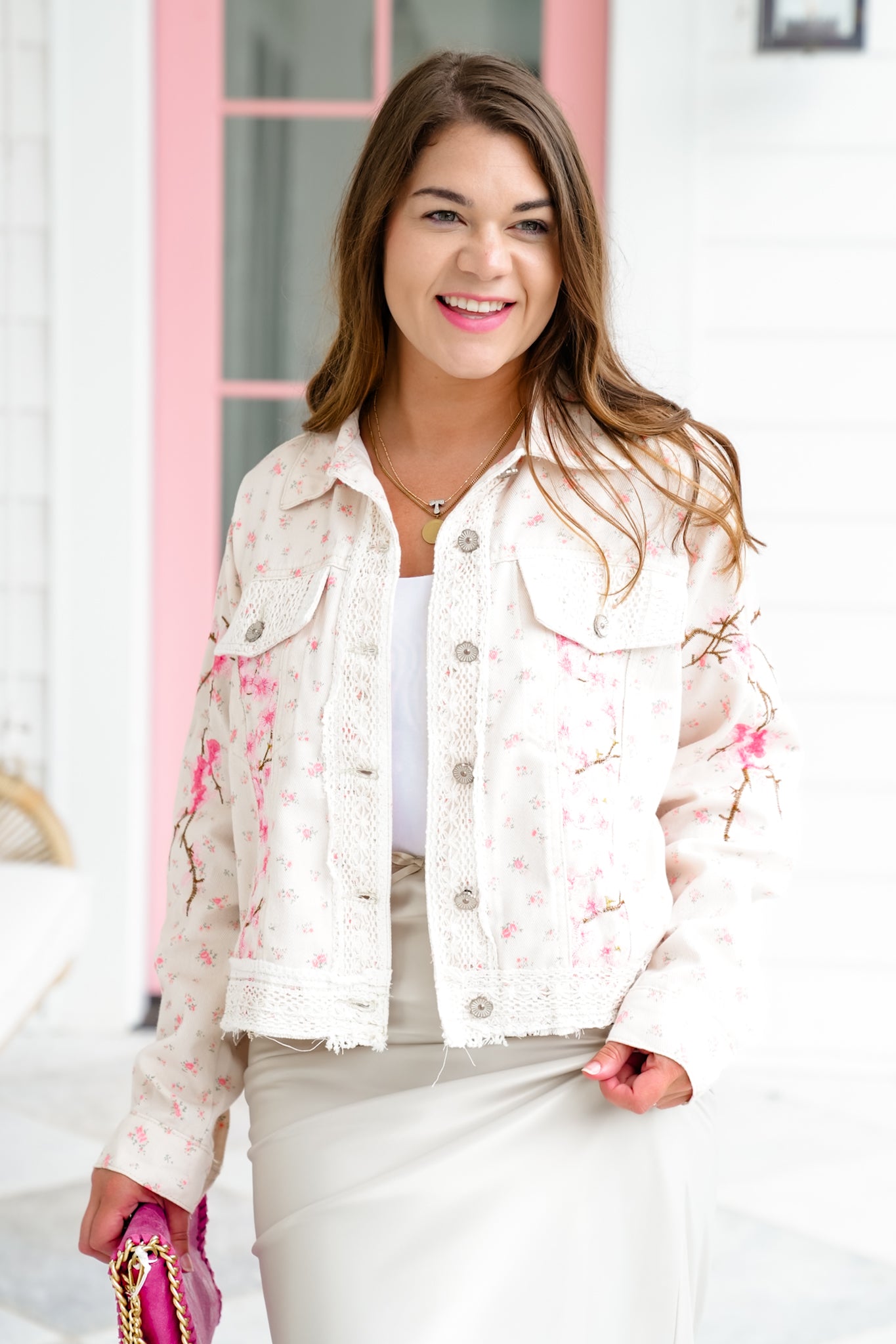 POL Floral Twill Jacket with Lace Detail