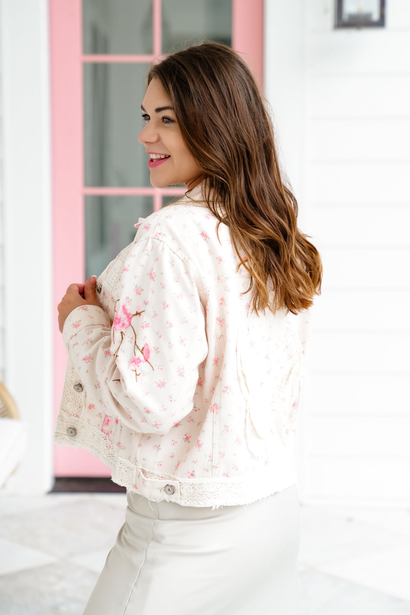 POL Floral Twill Jacket with Lace Detail