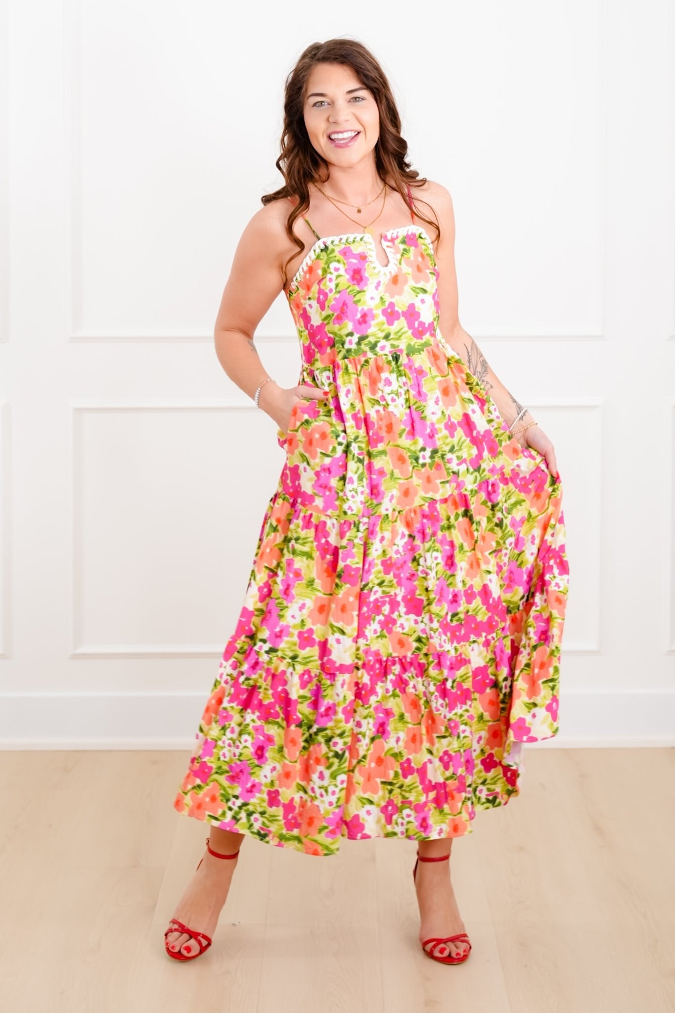 Floral Sleeveless Tiered Midi Dress - Freckled Poppy