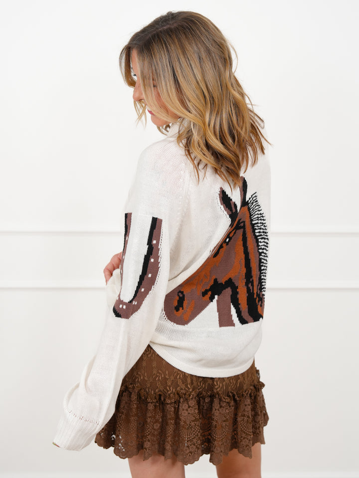 Ivory Long Sleeve Button Up Cardigan with Western Horse