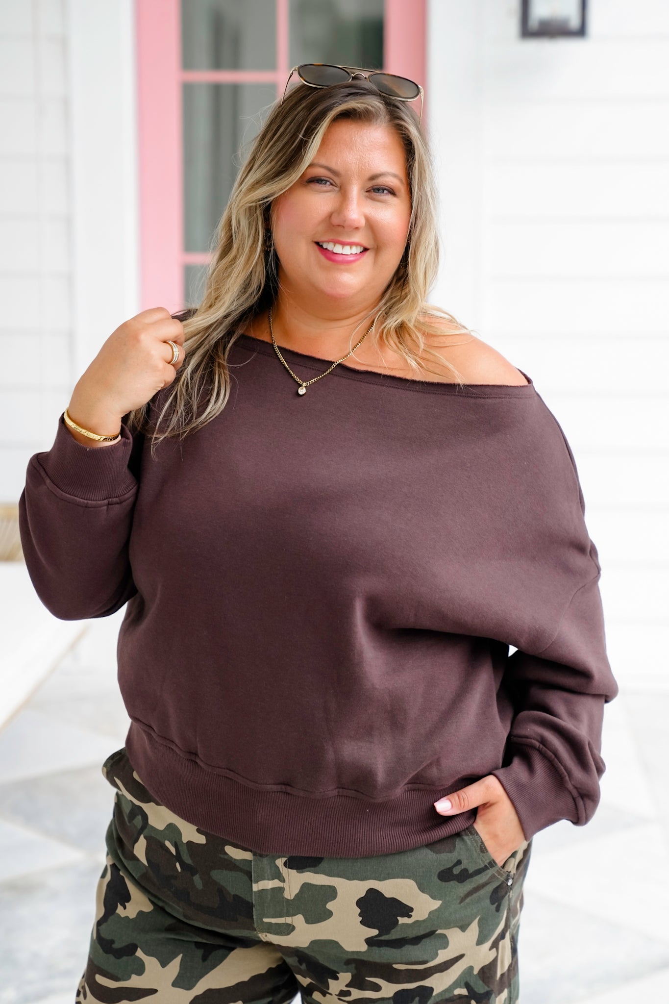 Plus/Reg French Terry Long Sleeve Off Shoulder Top