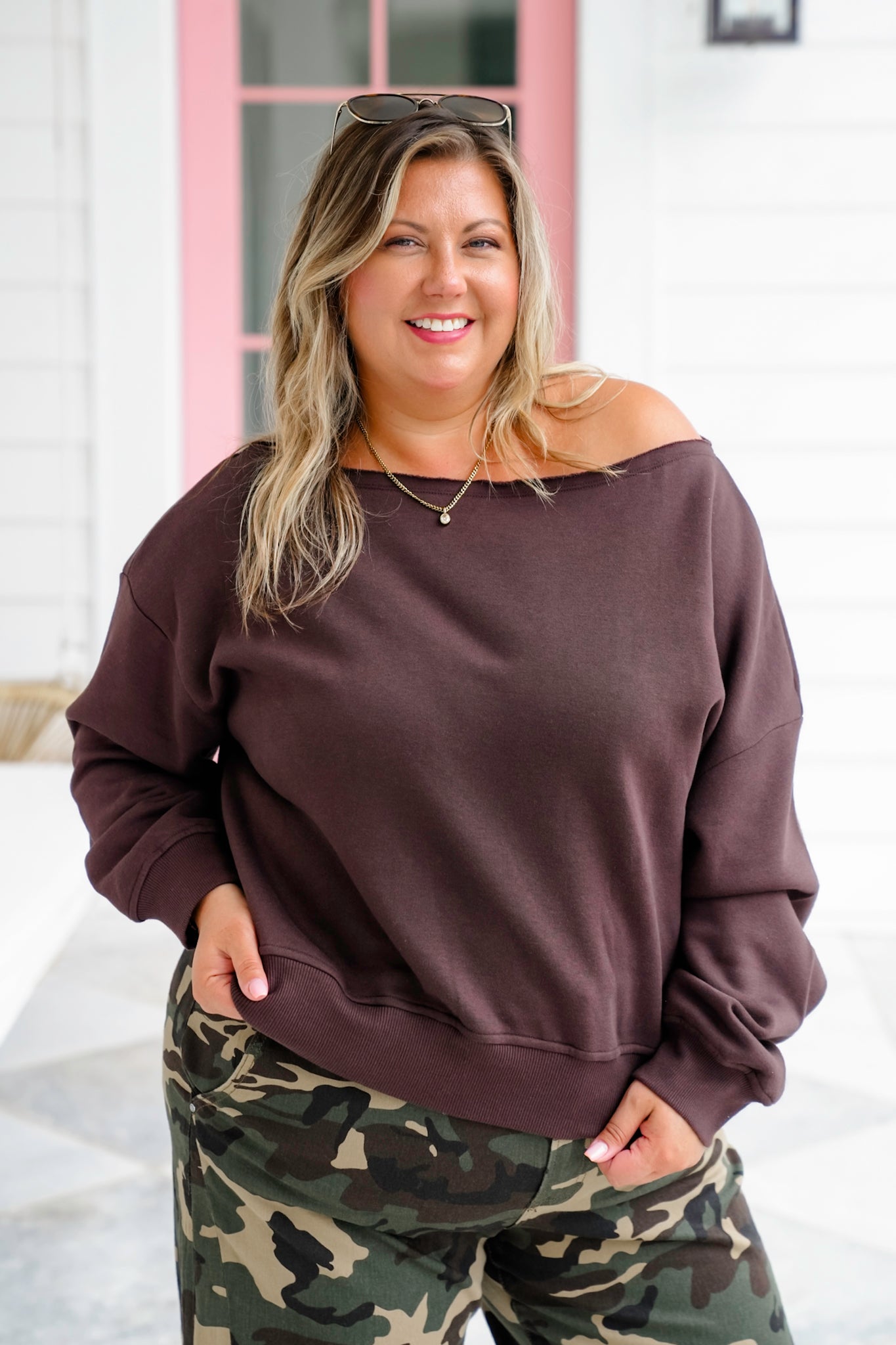 Plus/Reg French Terry Long Sleeve Off Shoulder Top