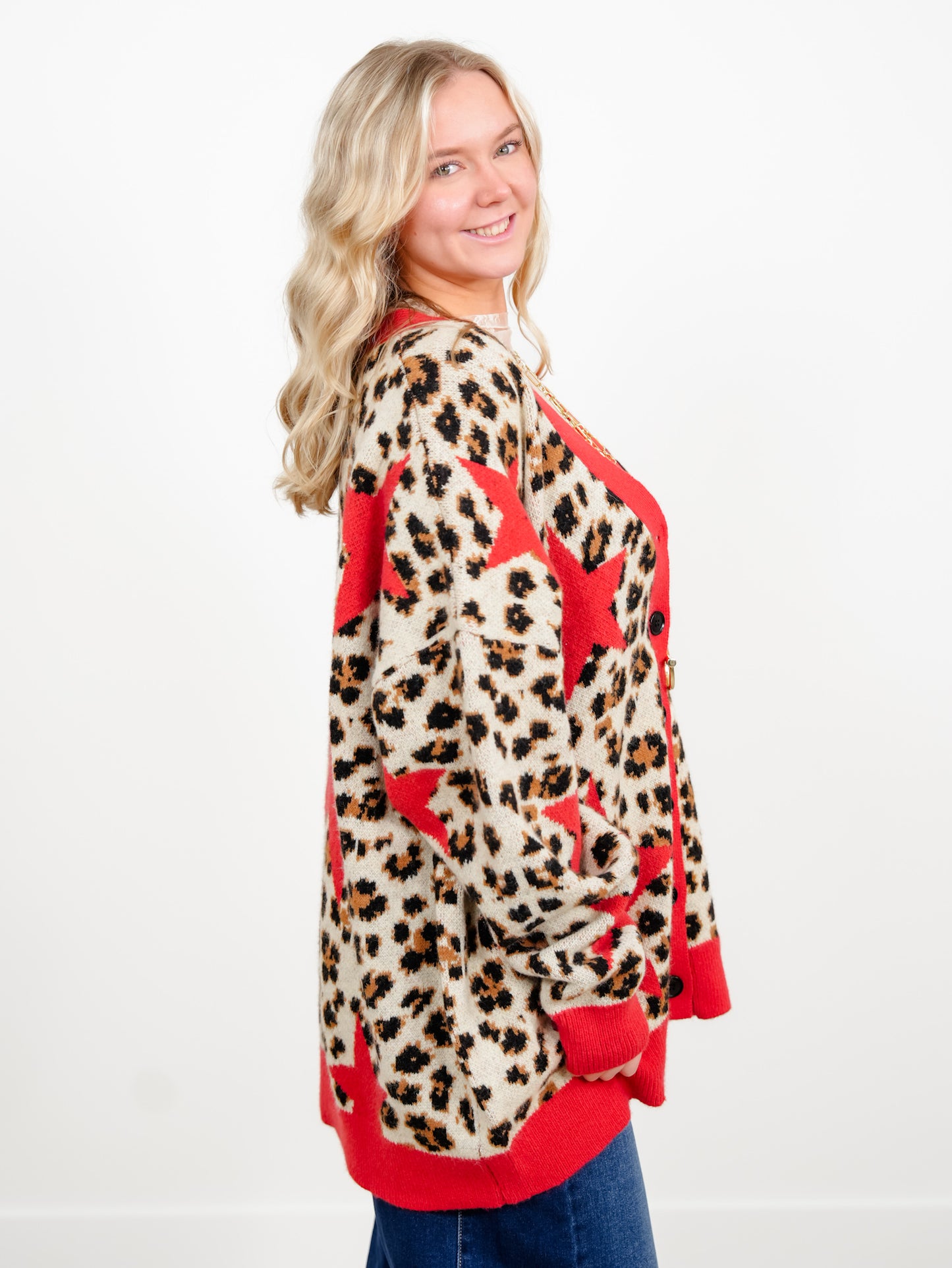Plus/Reg Star Detail Leopard Print Button Down Sweater Cardigan