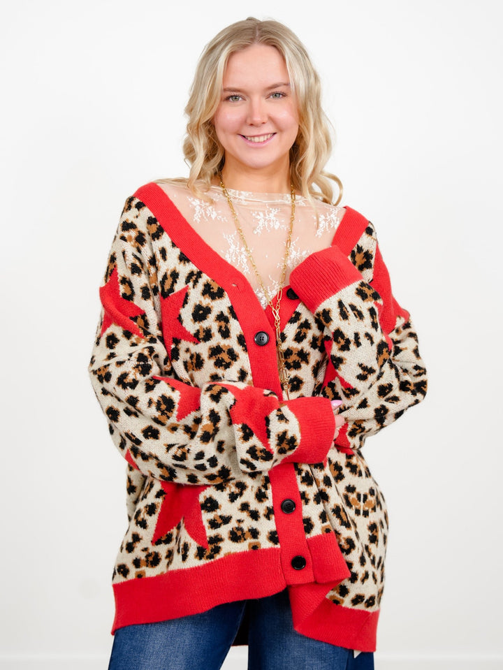 Plus/Reg Star Detail Leopard Print Button Down Sweater Cardigan - Freckled Poppy