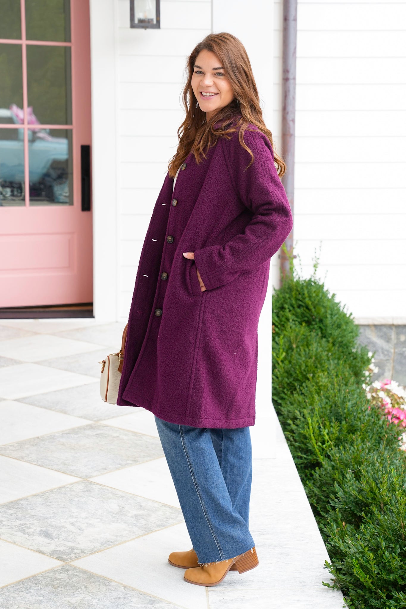 Plum Textured Long Sleeve Button Down Coat