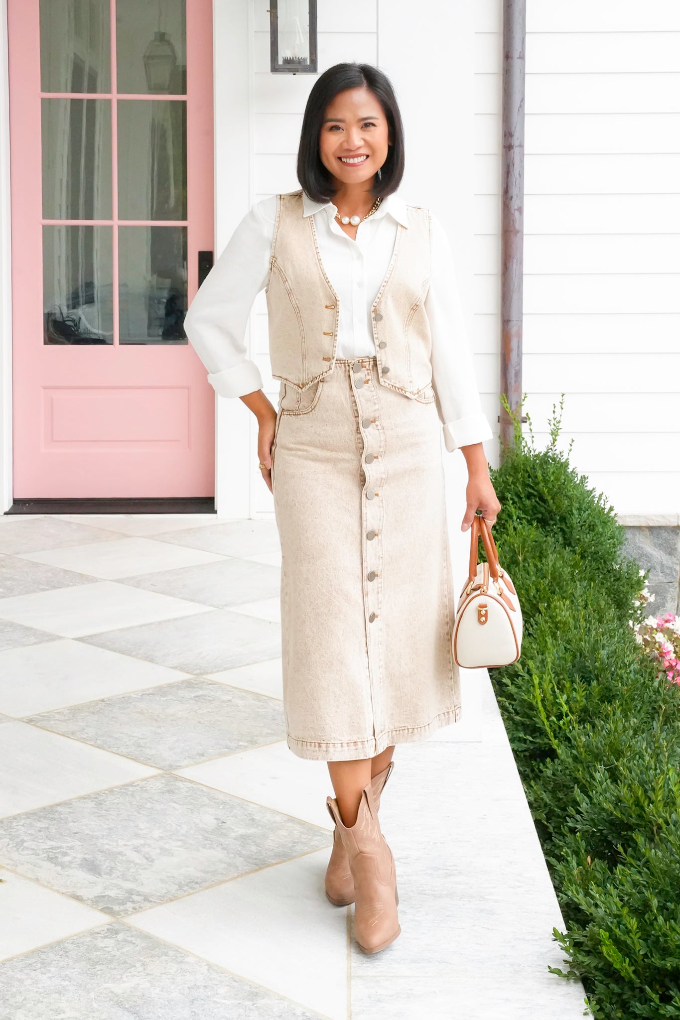 Acid Washed Button Down Vest and Midi Skirt Set